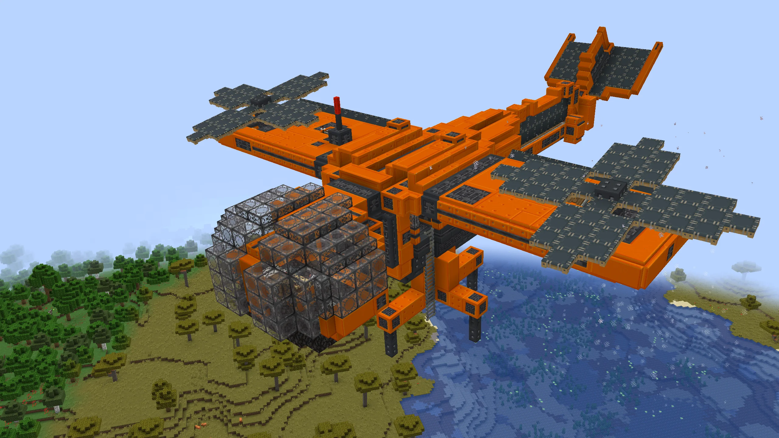 Dragonfly helicopter airplane with Copycat Block, Copycat Panel, Gray Sail, Smooth Orange Concrete, Wired Gray Concrete, Copycat Slab, Copycat Stairs, and Copycat Board, visible proportions, and a 40 x 13 x 34 schematic footprint.