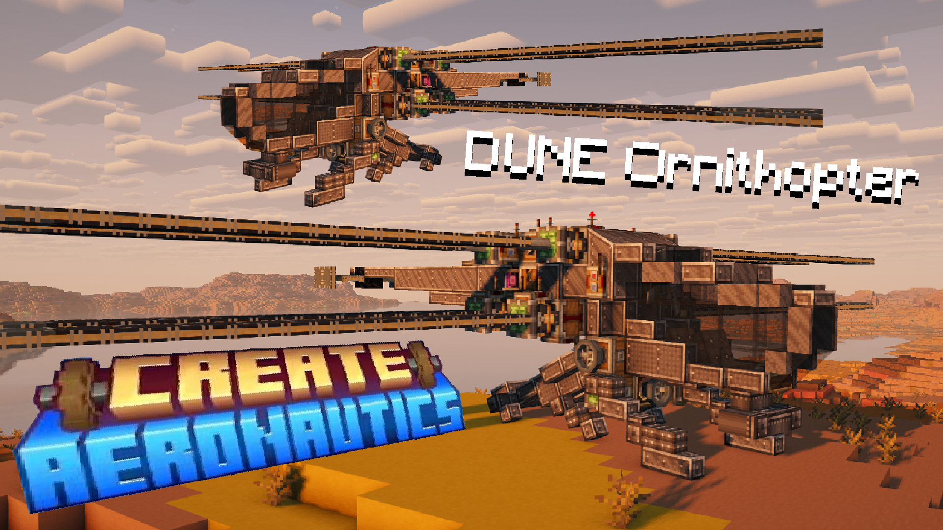 Dune-inspired ornithopter with long side wings, compact center body, cockpit detail, landing struts, and Create Aeronautics components.