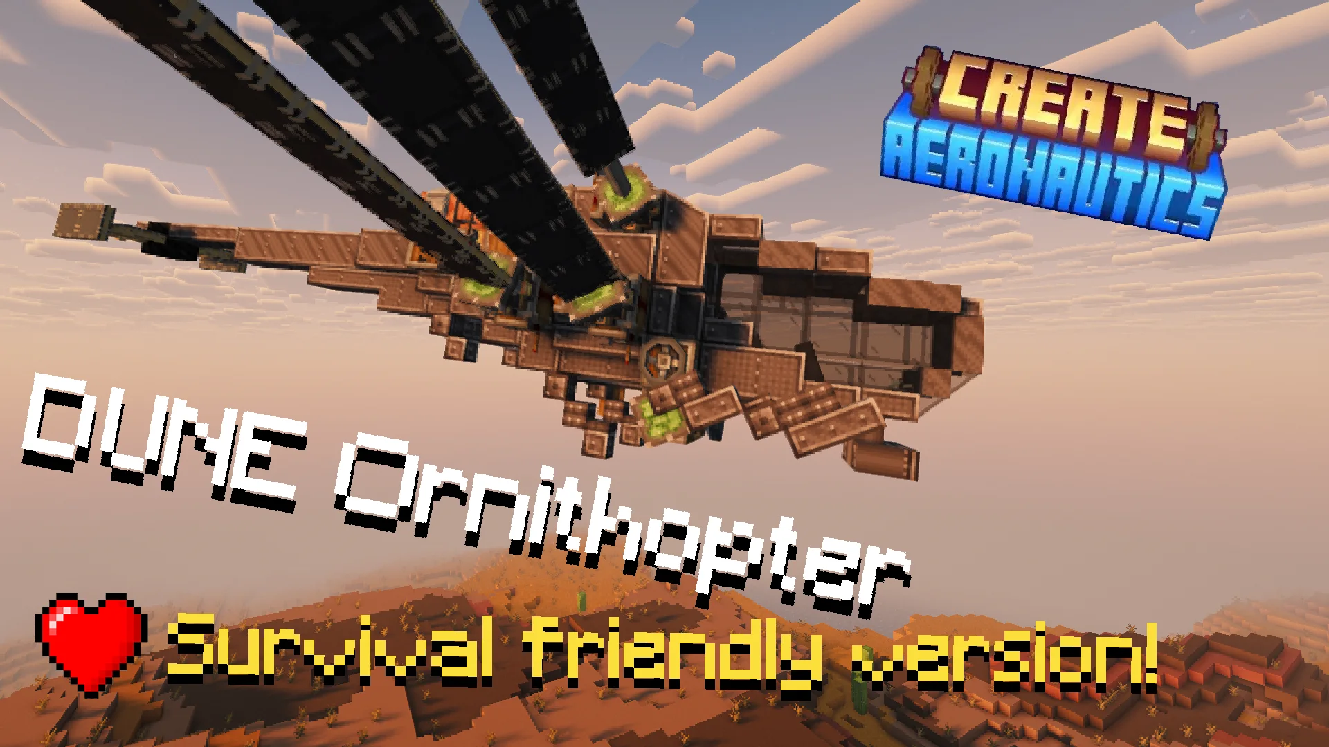Dune Ornithopter with Black Symmetric Sail, Copycat Slab, Gray Symmetric Sail, Gray Riveted Locometal, Redstone Link, Copycat Byte, Copycat Stairs, and Gray Slashed Locometal, visible proportions, and a 33 x 8 x 25 schematic footprint.