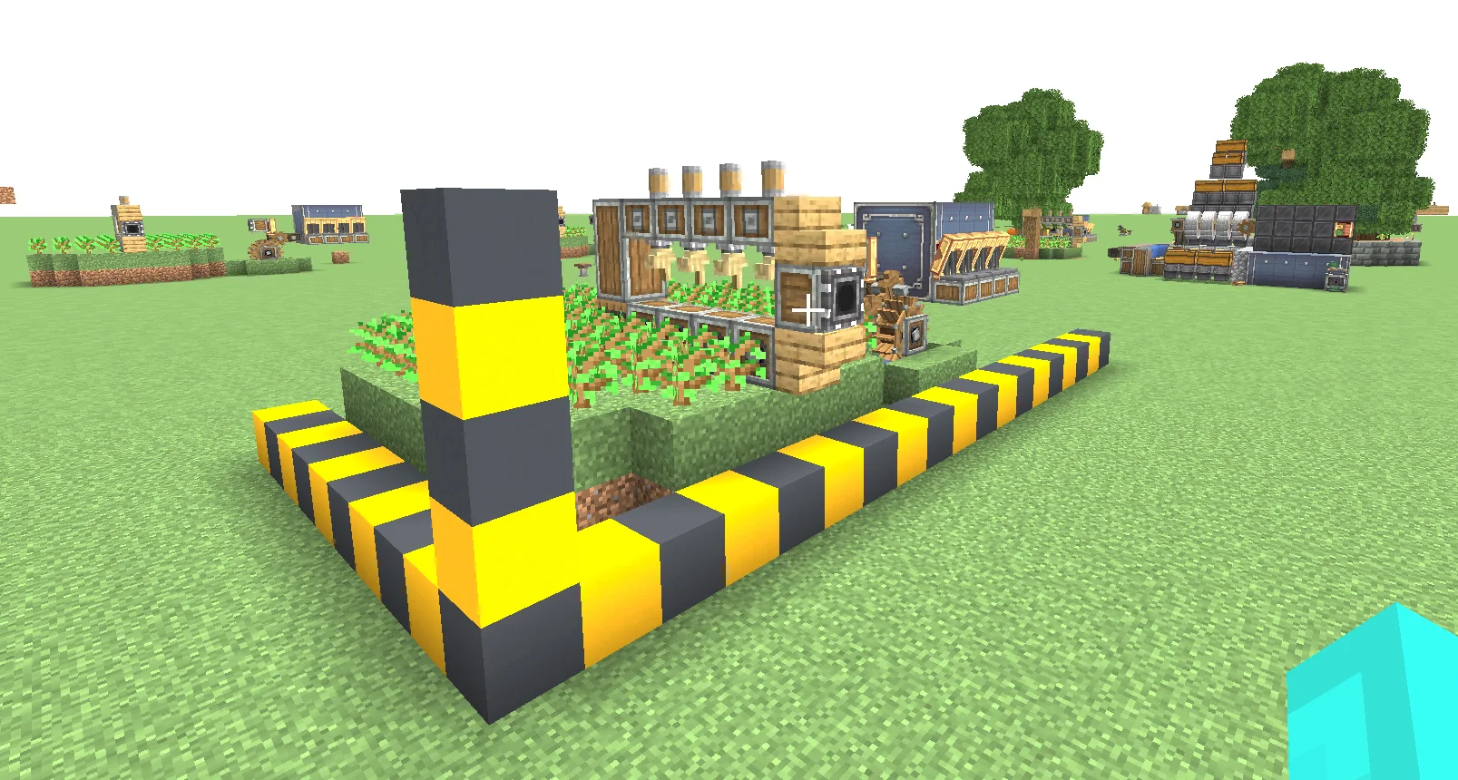 Early Game Wood Farm with Grass Block, Dirt, Oak Sapling, Item Vault, Water, Brass Belt Funnel, Depot, and Mechanical Saw, visible proportions, and a 19 x 6 x 10 schematic footprint.