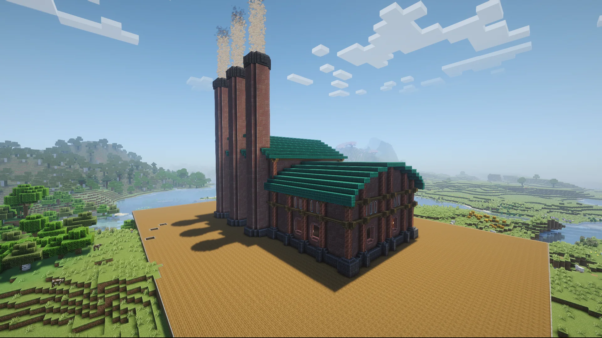 Factory building create with Bricks, Deepslate Bricks, Cut Veridium Bricks, Polished Granite, Granite, Waxed Copper Block, Polished Deepslate, and Stripped Spruce Wood, visible proportions, and a 38 x 54 x 69 schematic footprint.