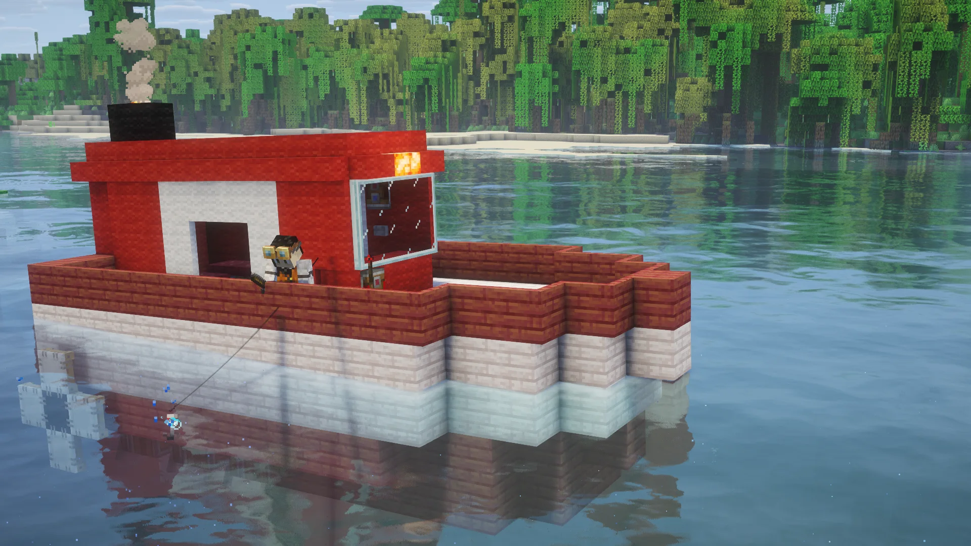 Fishing Boat with Pale Oak Planks, Copycat Panel, Mangrove Planks, Red Wool, White Sail, Copycat Step, Encased Chain Drive, and Andesite Propeller, visible proportions, and a 17 x 11 x 9 schematic footprint.