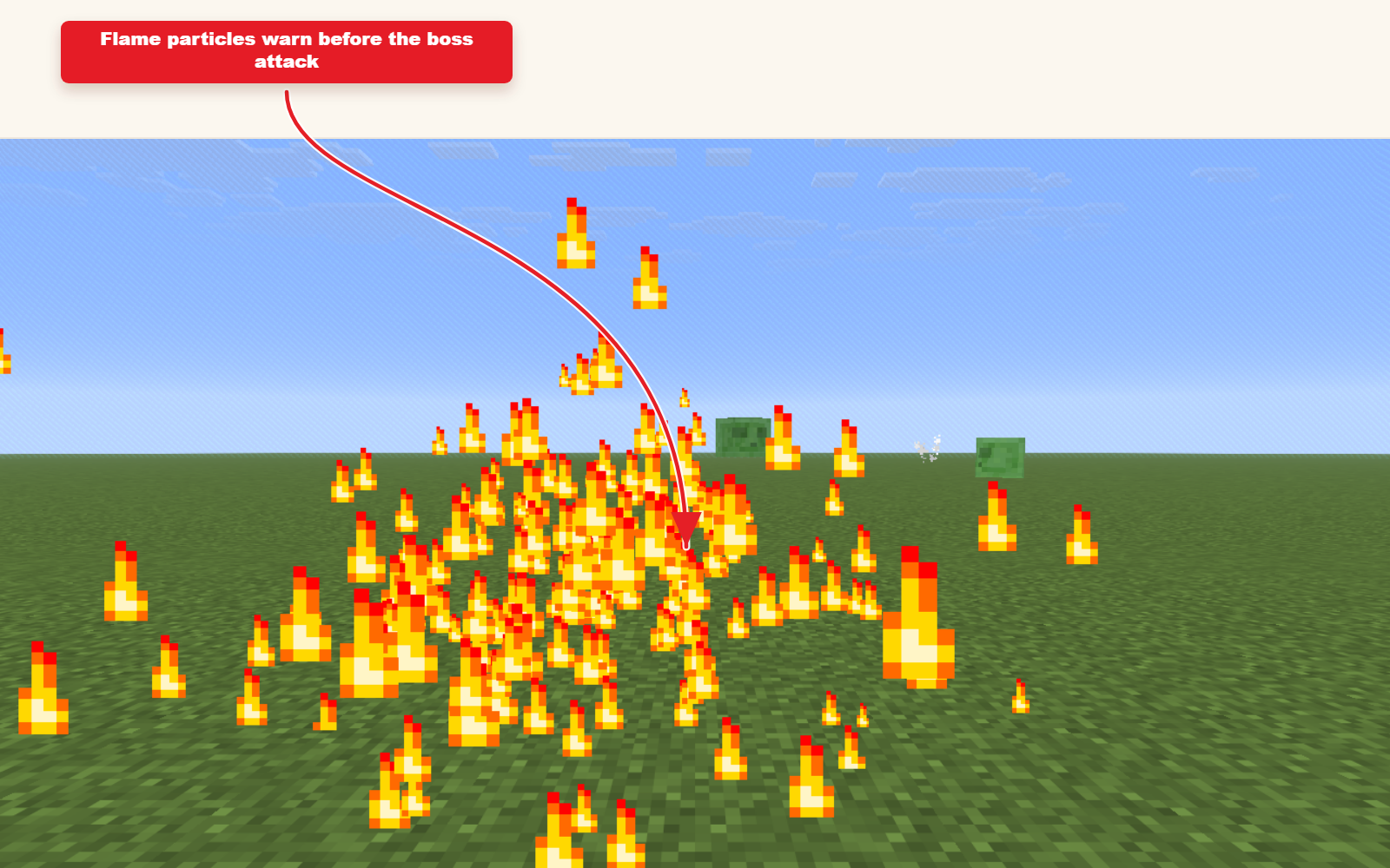 Capture d'écran Minecraft en jeu montrant le preset des particules de flamme pour le résultat des attaques de boss.