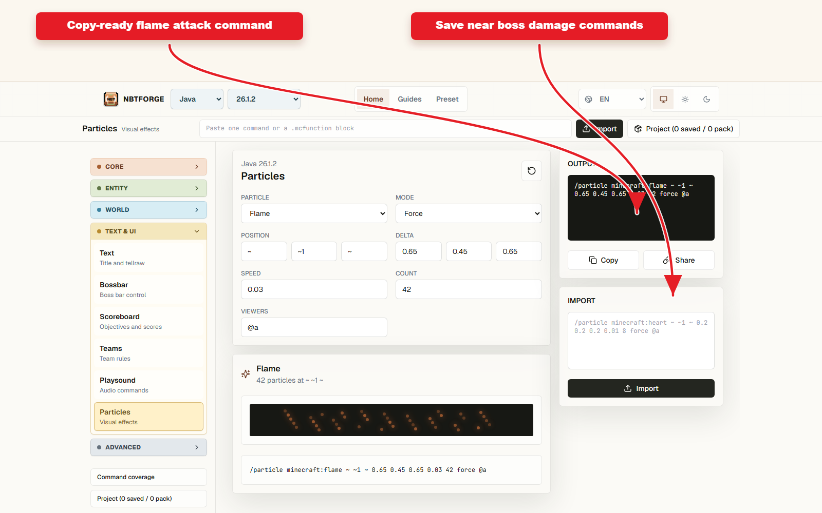 Output de commande compatible Copy pour le preset de particules de flamme pour les attaques de boss.