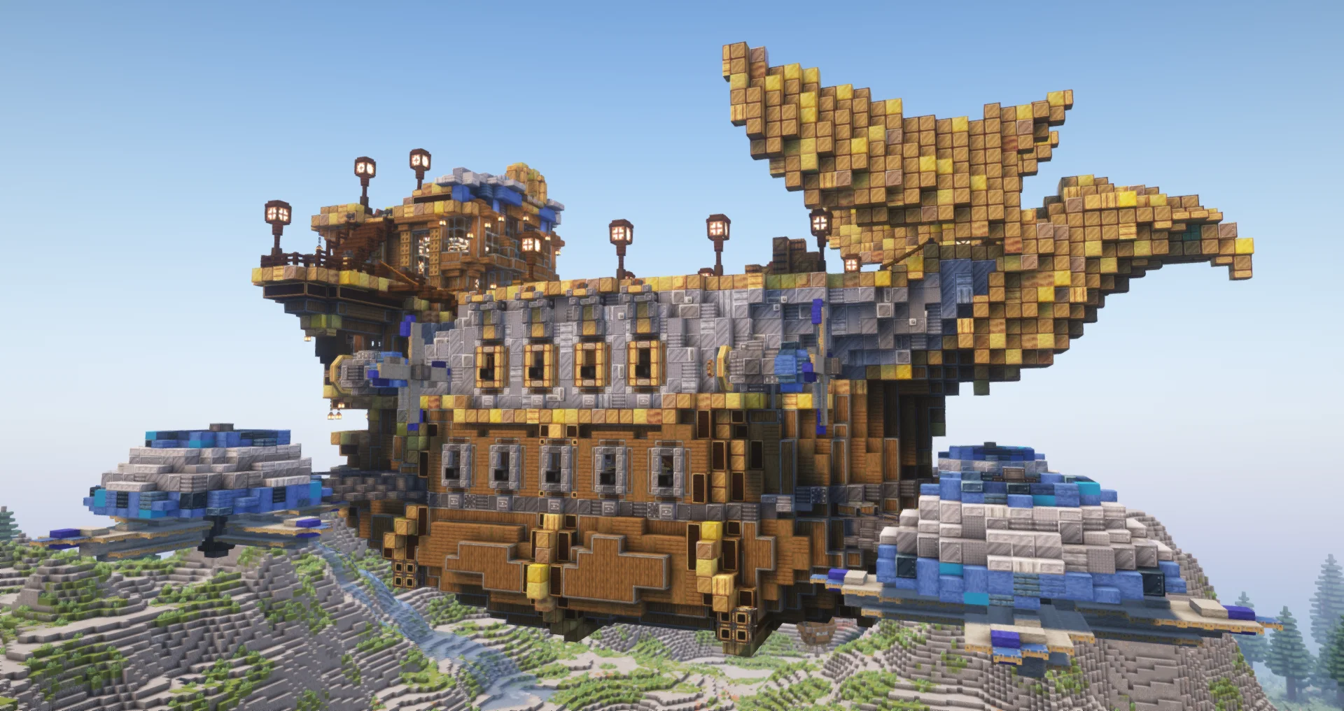FLYING BASE Ready for survival - Air Battleship SKYFIRE from WoW with Andesite Casing, Spruce Planks, Brass Block, Copycat Slab, Brass Casing, Light Gray Sail, White Slashed Locometal, and Stripped Dark Oak Log, visible proportions, and a 65 x 45 x 81 schematic footprint.