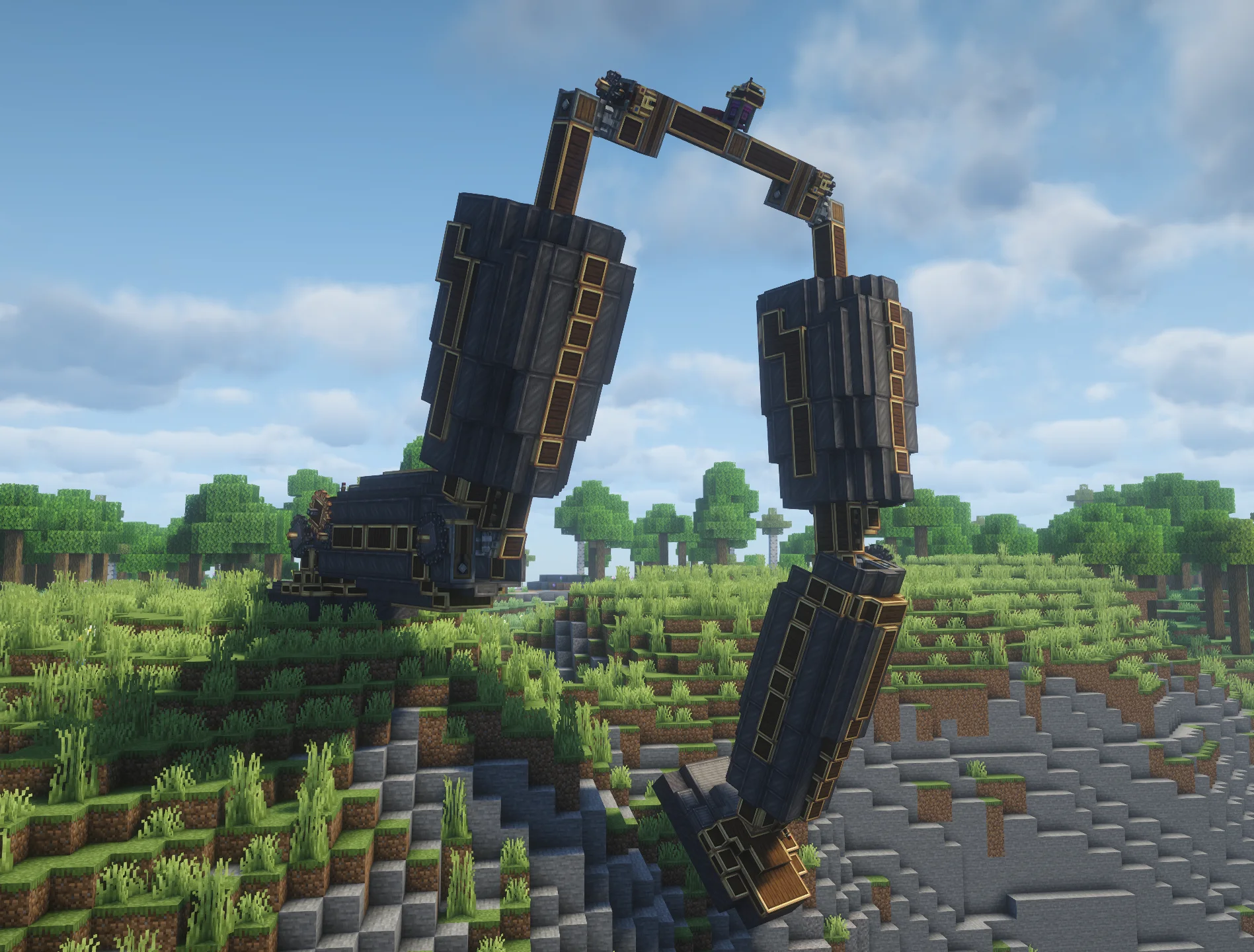 Fully Controllable Mech Legs with Copycat Panel, Dark Metal Plating, Copycat Vertical Stairs, Copycat Layer, Copycat Slab, Brass Casing, Mud, and Brass Encased Shaft, visible proportions, and a 7 x 32 x 21 schematic footprint.