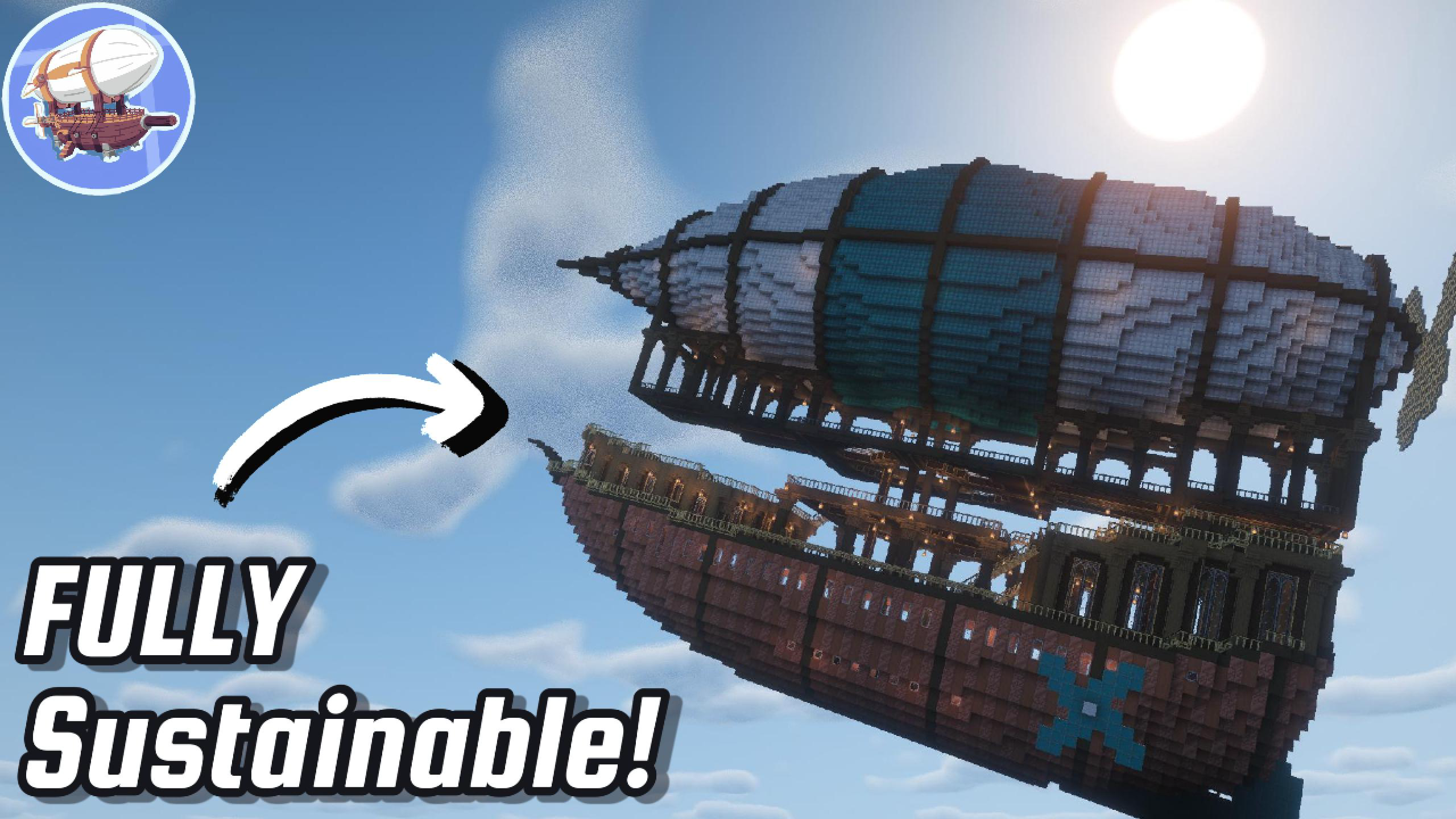 Large sustainable Aeronautics airship with a tall balloon structure, machinery deck, hull detail, storage areas, and Create flight components.