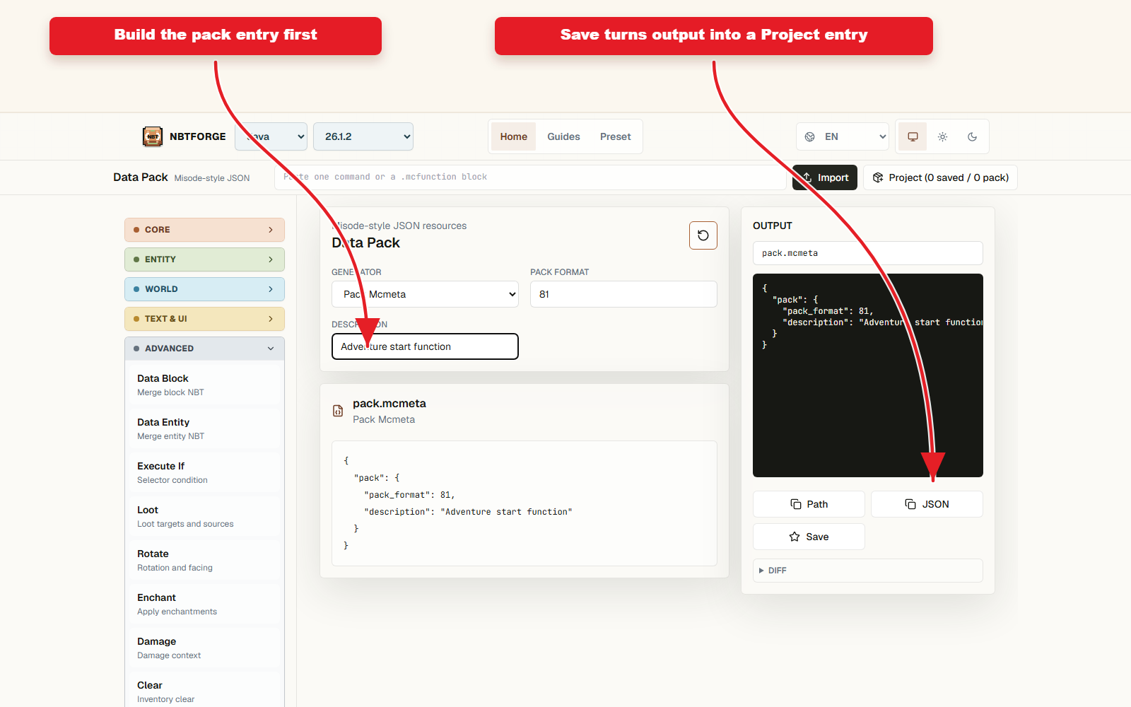 NBTForge Project workbench skonfigurowane pod kątem predefiniowanych pakietów funkcji dla łańcuchów poleceń.