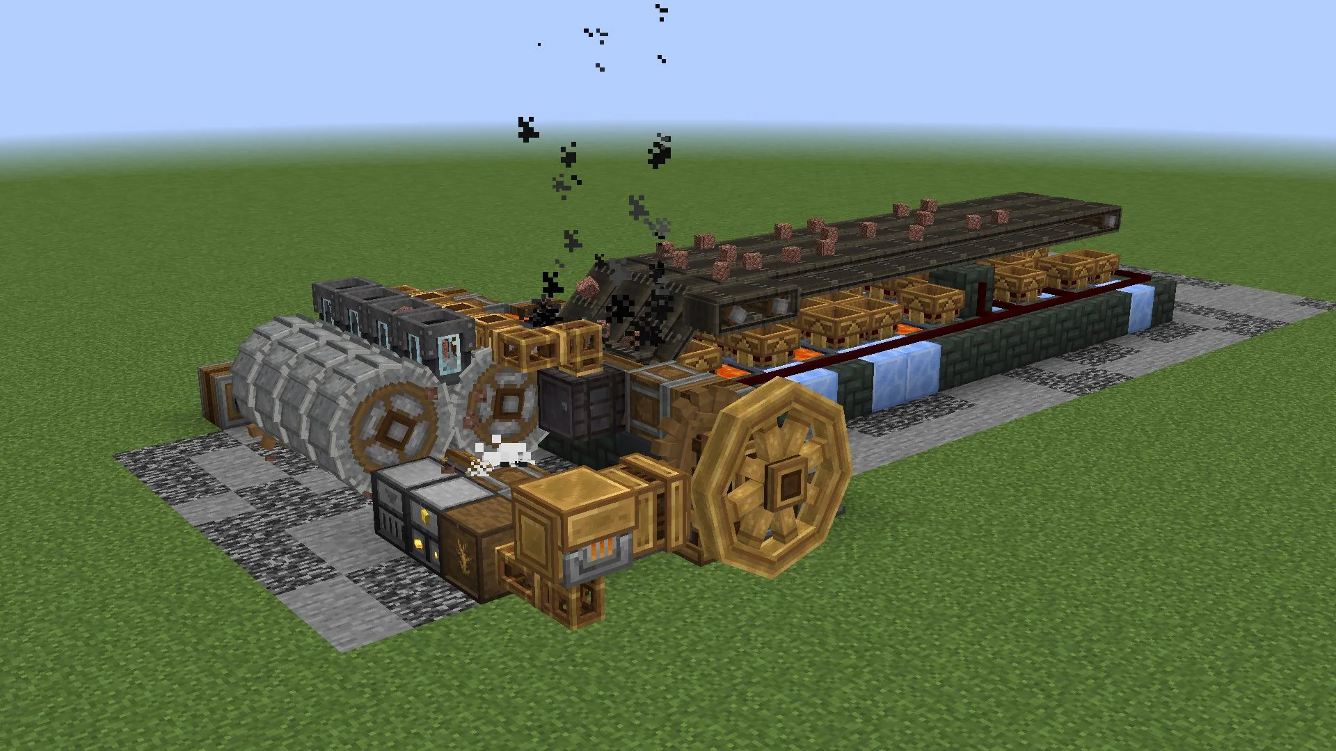 Gold farm with belt routing, brass funnels, algal brick structure, device blocks, polished packed ice, lava, and compact handling lanes.