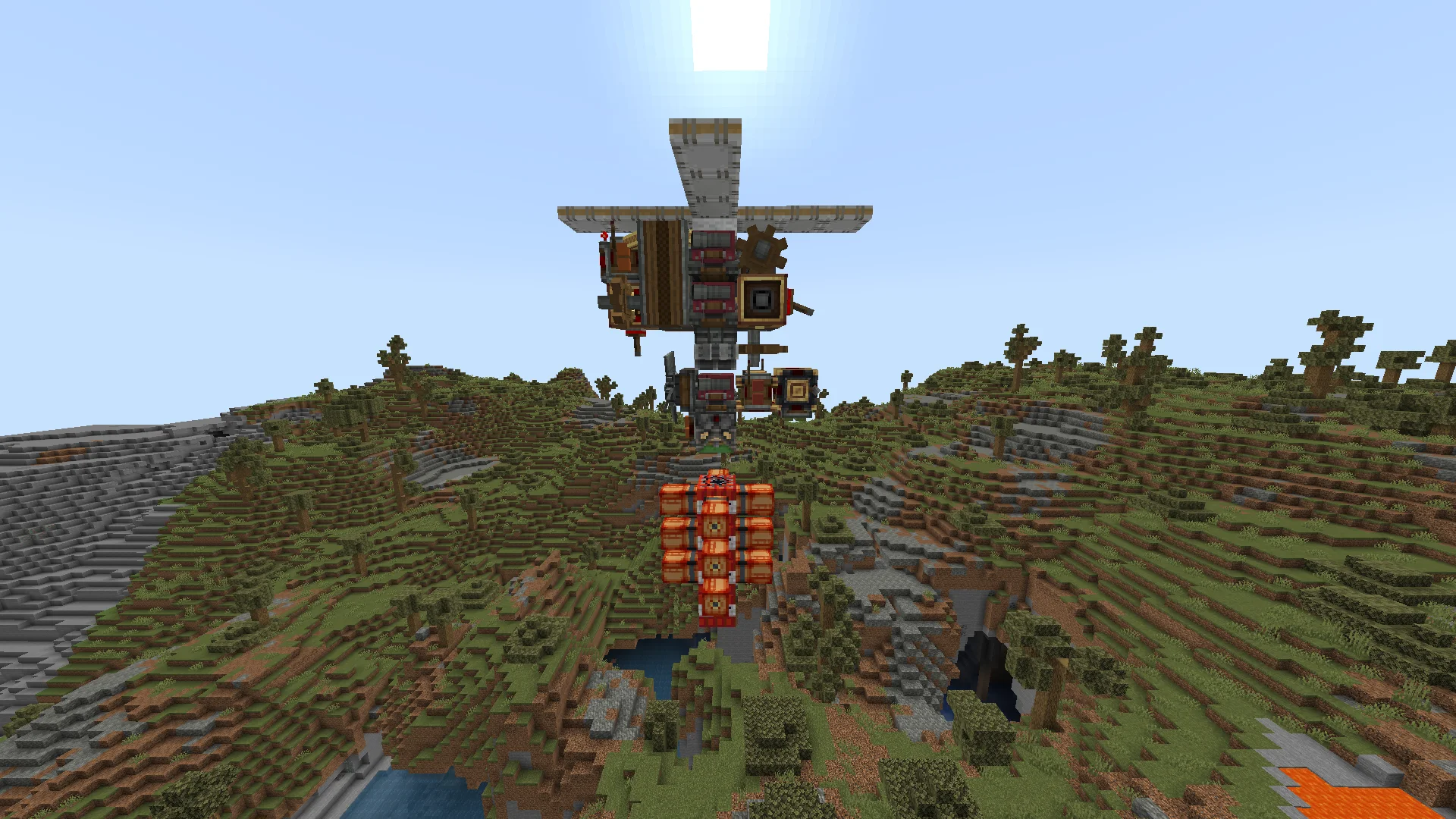 Guided Drone Dropping A Bomb with White Symmetric Sail, He Shell, Redstone Link, Tnt, Red Portable Engine, Gearbox, Spruce Planks, and Analog Transmission, visible proportions, and a 7 x 11 x 7 schematic footprint.