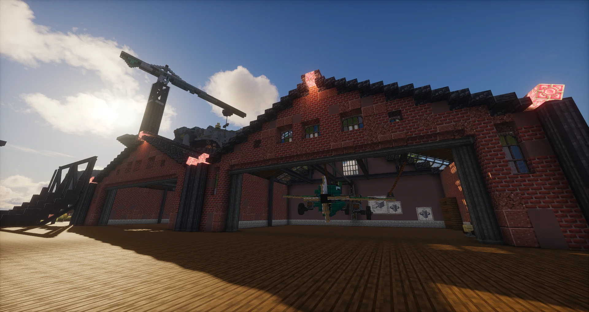 Hangar from Aeronautics Release Trailer with Light Gray Terracotta, Bricks, Metal Girder, Cobbled Deepslate Slab, Cobbled Deepslate, Granite, Copycat Step, and Cut Limestone Bricks, visible proportions, and a 31 x 16 x 23 schematic footprint.