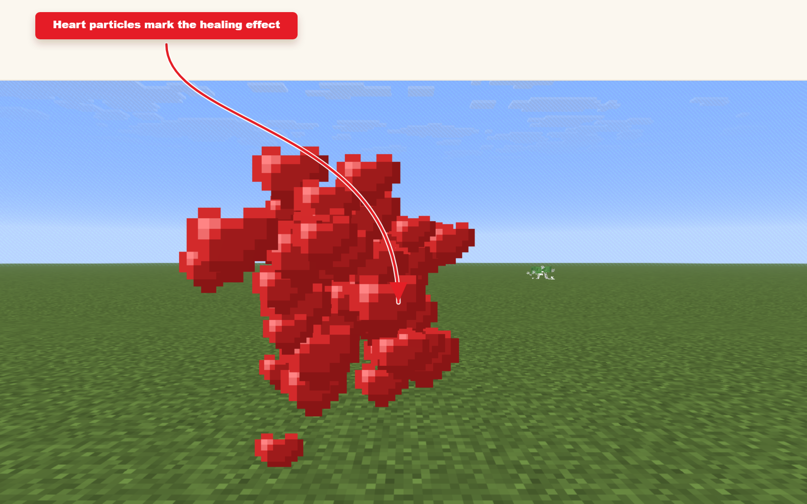 Capture d'écran Minecraft en jeu montrant le preset des particules cardiaques pour le résultat des effets de guérison.
