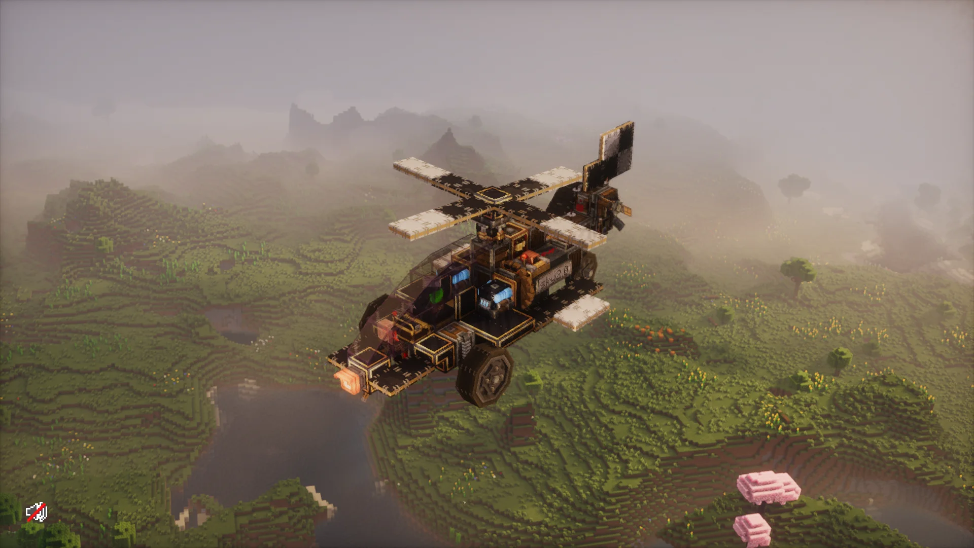 Helicopter in Create Areonautics with White Wool, Black Symmetric Sail, Redstone Link, Copycat Board, White Symmetric Sail, Copycat Stairs, Gray Wool, and Black Brass Wrapped Locometal, visible proportions, and a 16 x 9 x 10 schematic footprint.