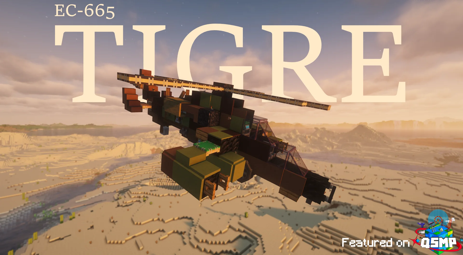 Helicopter Tigre (Tiger) EC-665 Full-scale (1:1) with Copycat Layer, Black Symmetric Sail, Copycat Trapdoor, Copycat Board, Coal Block, Copycat Stairs, Redstone Link, and Andesite Encased Cogwheel, visible proportions, and a 22 x 6 x 13 schematic footprint.