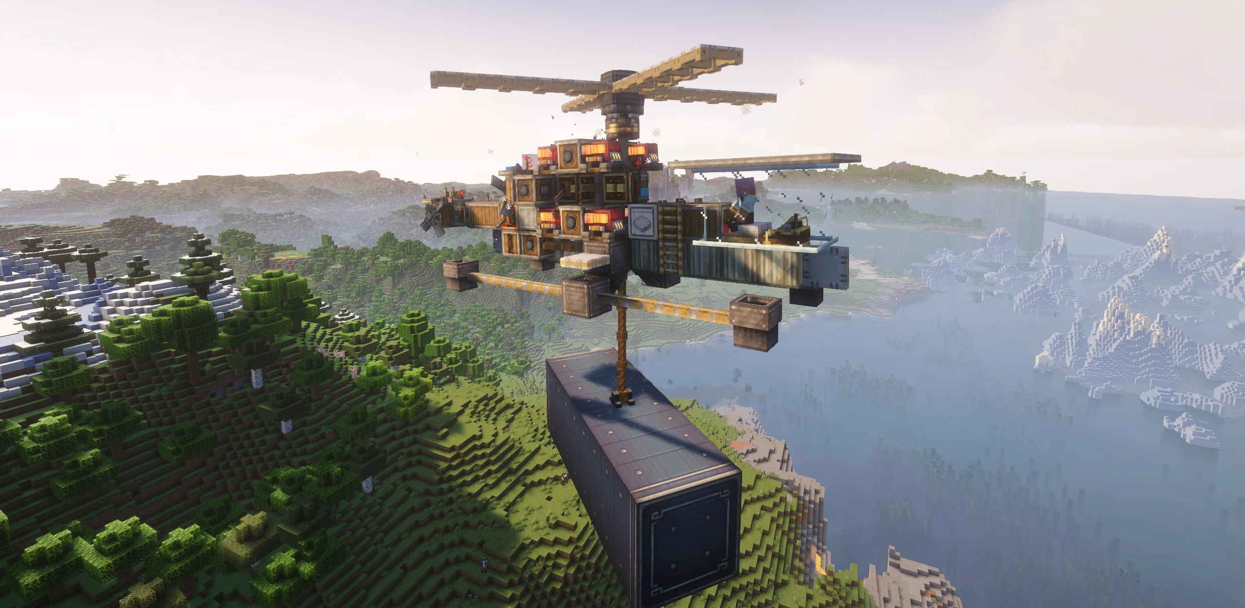 Helicopter with White Sail, Piston Extension Pole, Framed Glass Pane, Gearbox, Redstone Link, Copycat Panel, Red Portable Engine, and Chute, visible proportions, and a 11 x 7 x 17 schematic footprint.