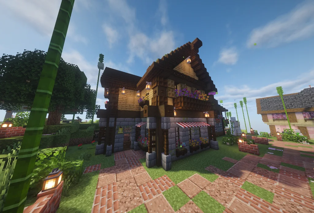 House with Stripped Dark Oak Log, Dark Oak Stairs, Oak Planks, Stone Bricks, Dark Oak Wood, Moss Block, Dark Oak Trapdoor, and Dark Oak Four Window, visible proportions, and a 16 x 15 x 17 schematic footprint.