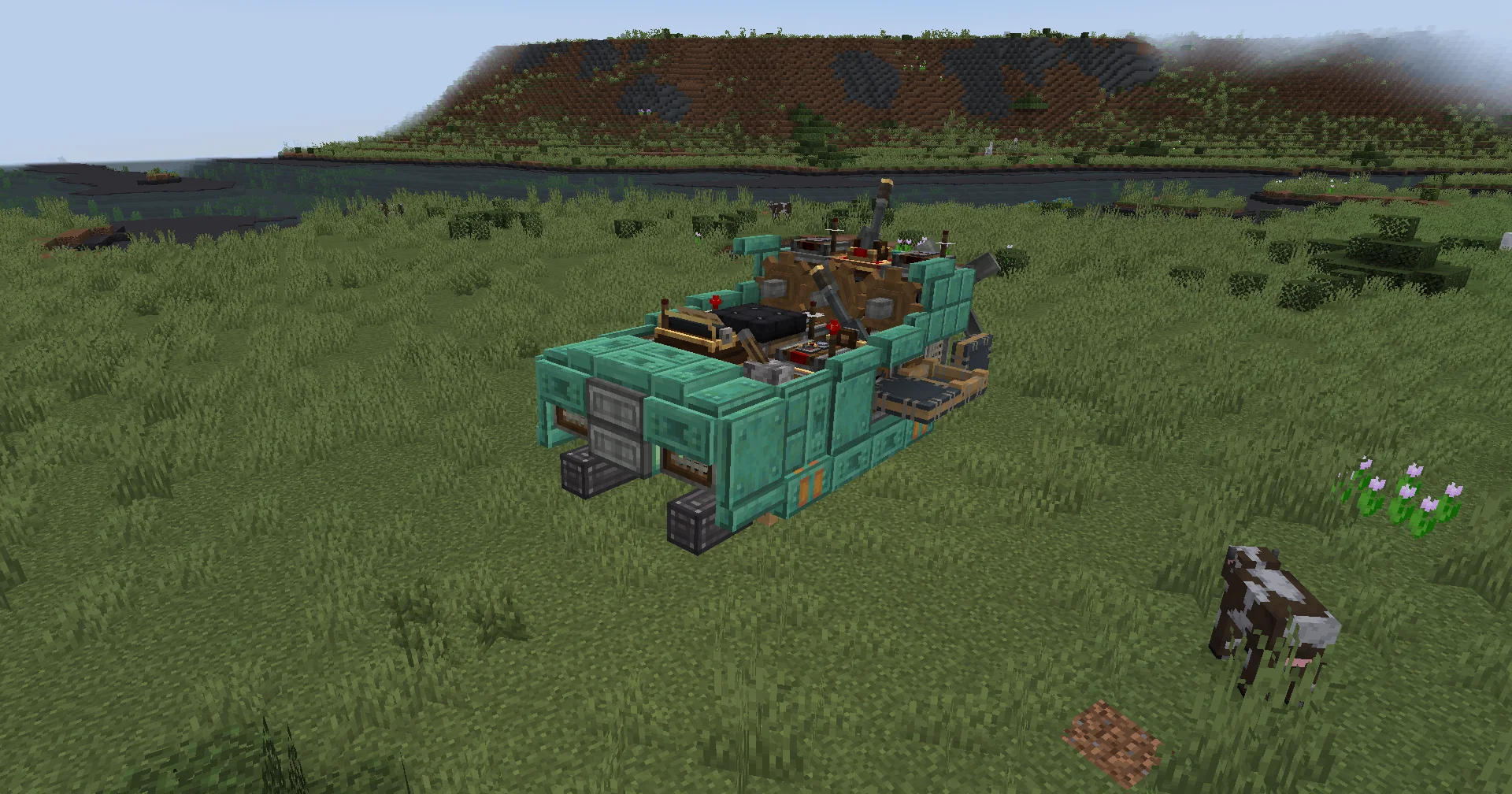 Hover Survival Friendly with Copycat Stacked Half Layer, Copycat Layer, Gray Symmetric Sail, Copycat Half Layer, Copycat Slice, Redstone Link, Andesite Encased Cogwheel, and Nozzle, visible proportions, and a 8 x 5 x 5 schematic footprint.
