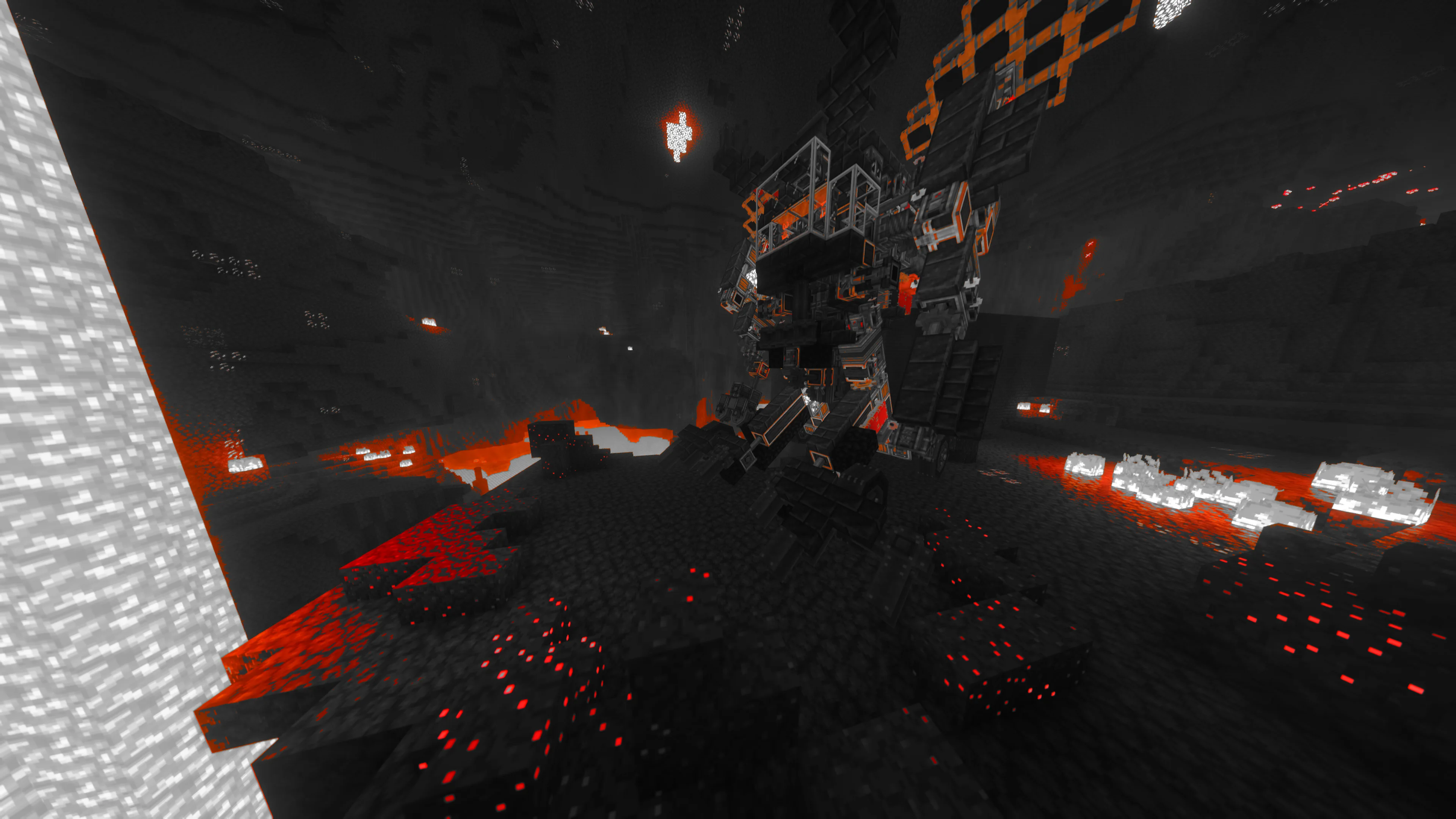 HELL-MECHA with Redstone Link, Glowstone, Metal Girder, Cogwheel, Cut Scorchia Brick Stairs, Gearbox, Coal Block, and Cut Scorchia Brick Slab, visible proportions, and a 21 x 22 x 21 schematic footprint.