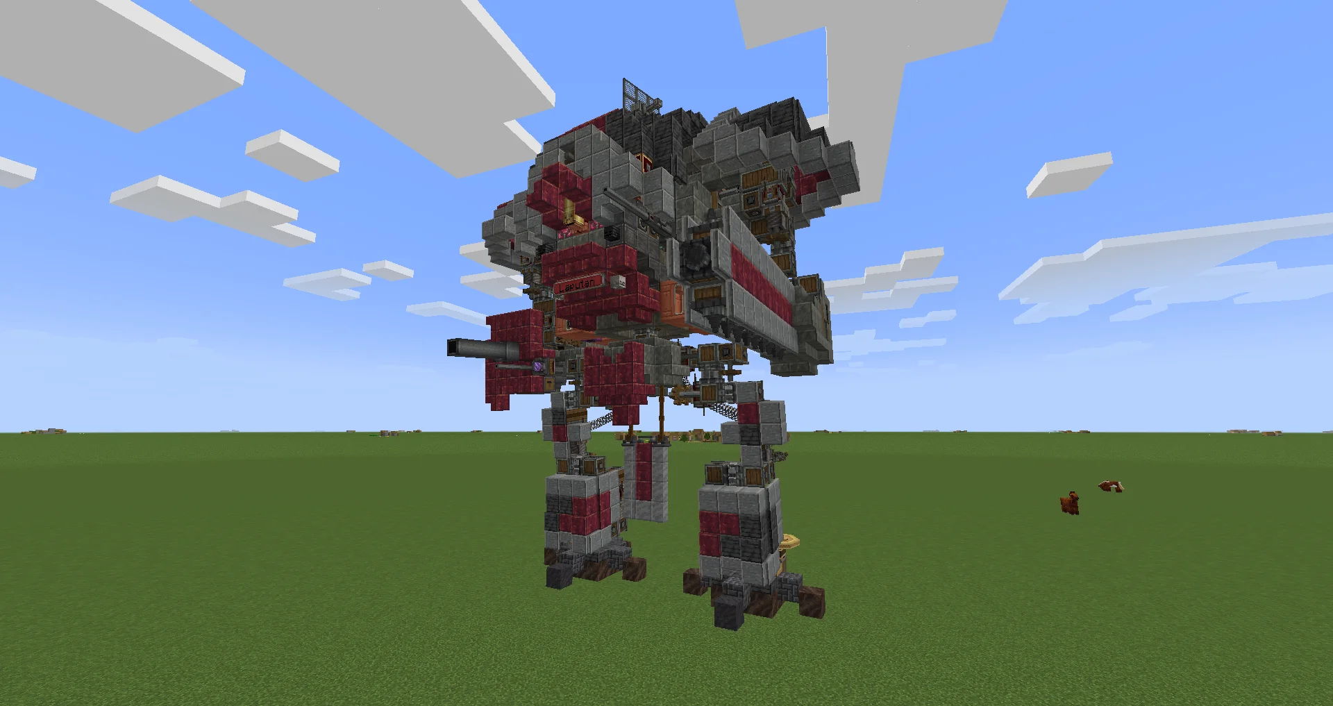 Imperial Knight Paladin with Copycat Panel, Polished Cut Tuff, Polished Andesite, Polished Cut Crimsite, Gearbox, Fluid Tank, Polished Deepslate Slab, and Polished Cut Tuff Wall, visible proportions, and a 20 x 29 x 23 schematic footprint.