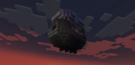 Industrial airship with white envelope lift, dark plating, copycat slopes, redstone links, and compact mechanical hull details.