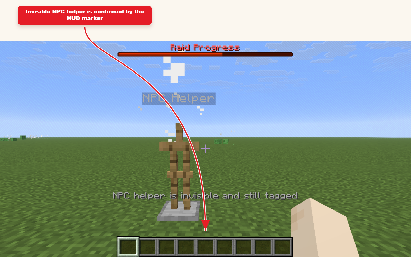 Zrzut ekranu Minecraft z gry przedstawiający wynik ustawienia efektu niewidzialności dla NPC.