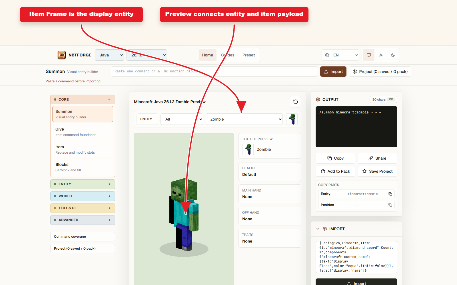 NBTForge Summon workbench skonfigurowany do wyświetlania ramek przedmiotów z niestandardowym mieczem.
