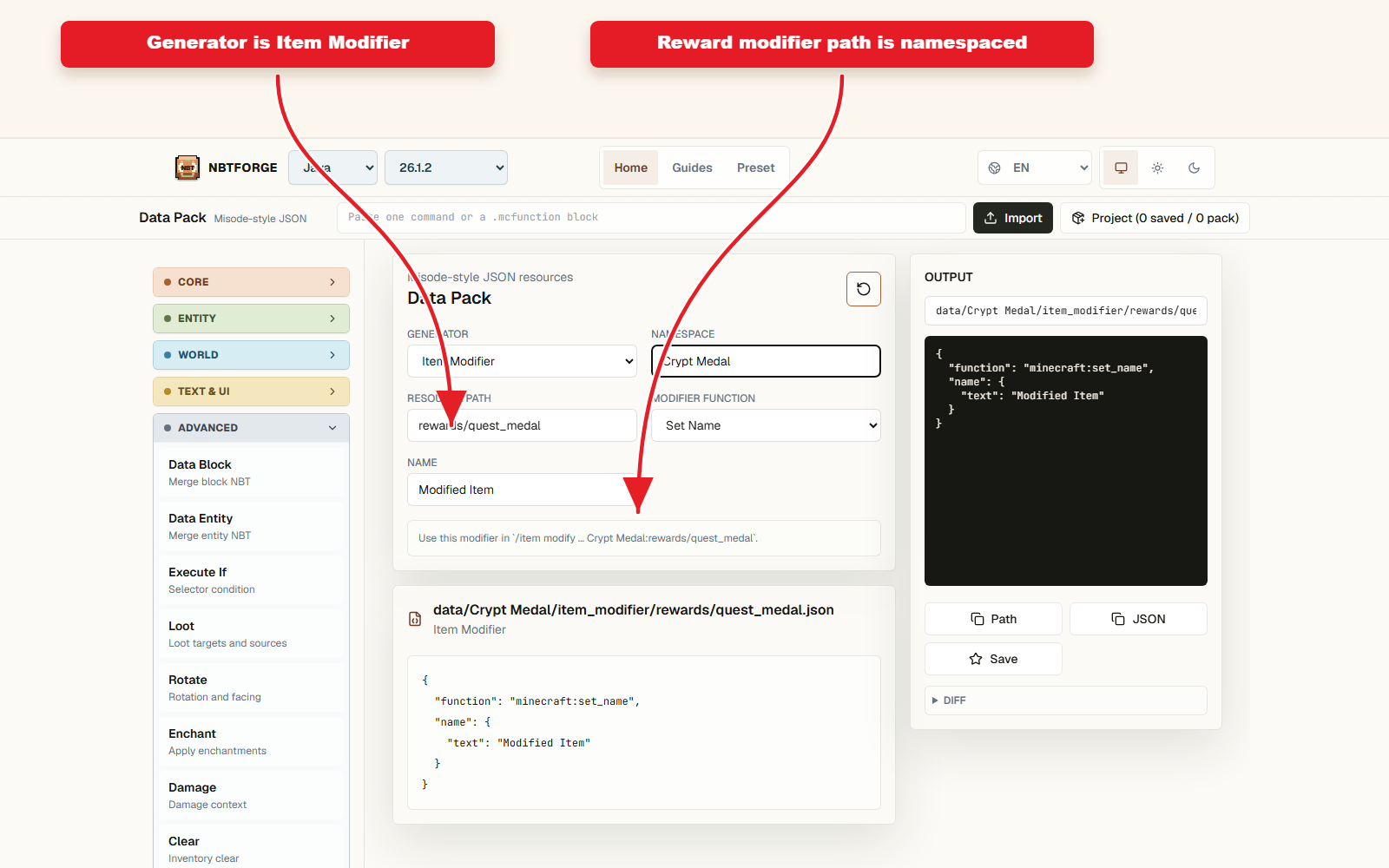 NBTForge Data Pack workbench, özel ödüller için Item değiştirici preseti için yapılandırılmıştır.
