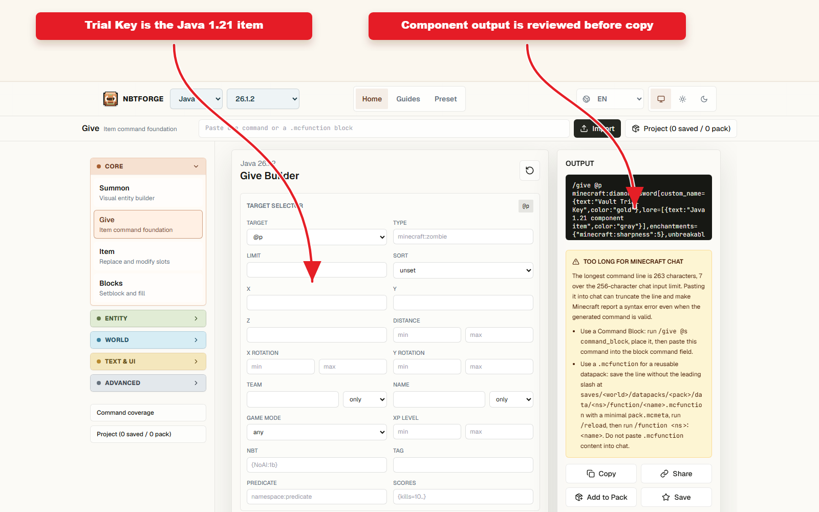 NBTForge Give workbench skonfigurowany dla Java 1.21 przewodnik po ustawieniach komponentów pozycji.