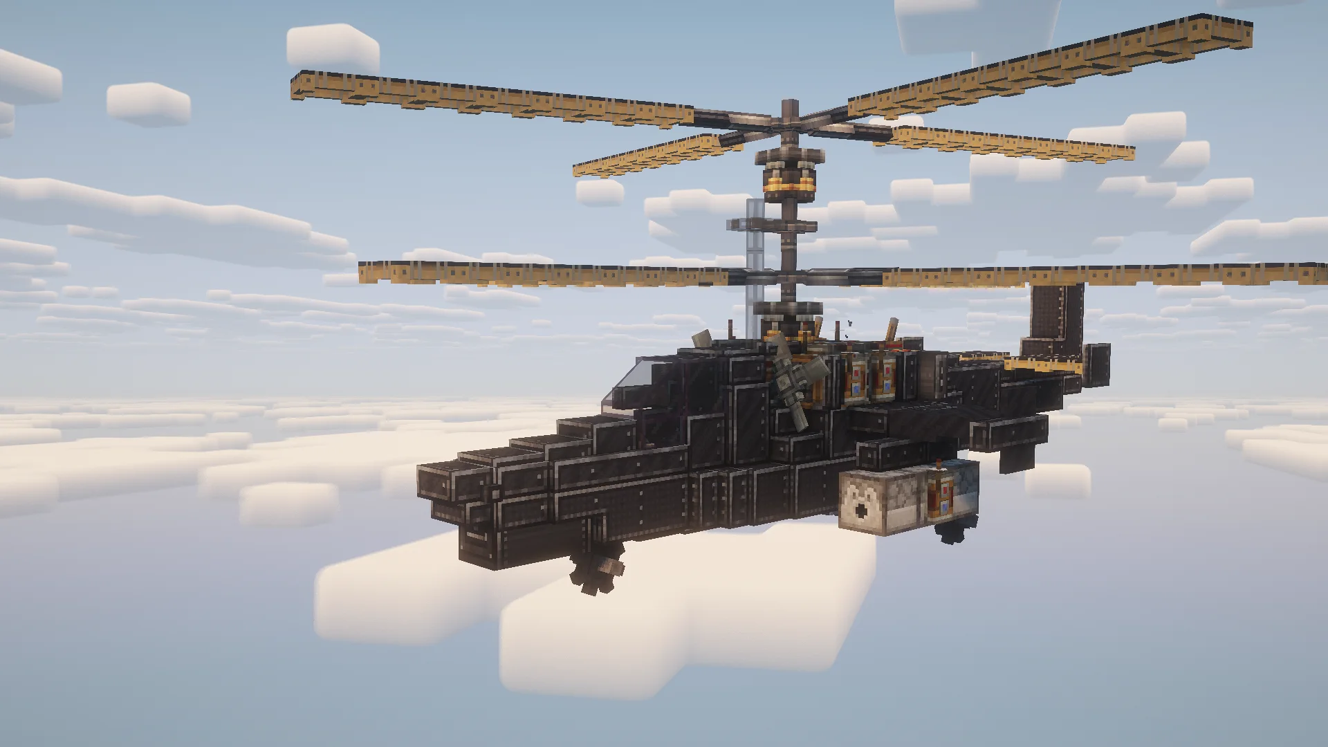KA-50 Black Shark Survival Friendly with Black Symmetric Sail, Black Slashed Locometal, Copycat Slab, Copycat Stacked Half Layer, Copycat Step, Copycat Layer, Redstone Link, and Copycat Slice, visible proportions, and a 21 x 9 x 19 schematic footprint.