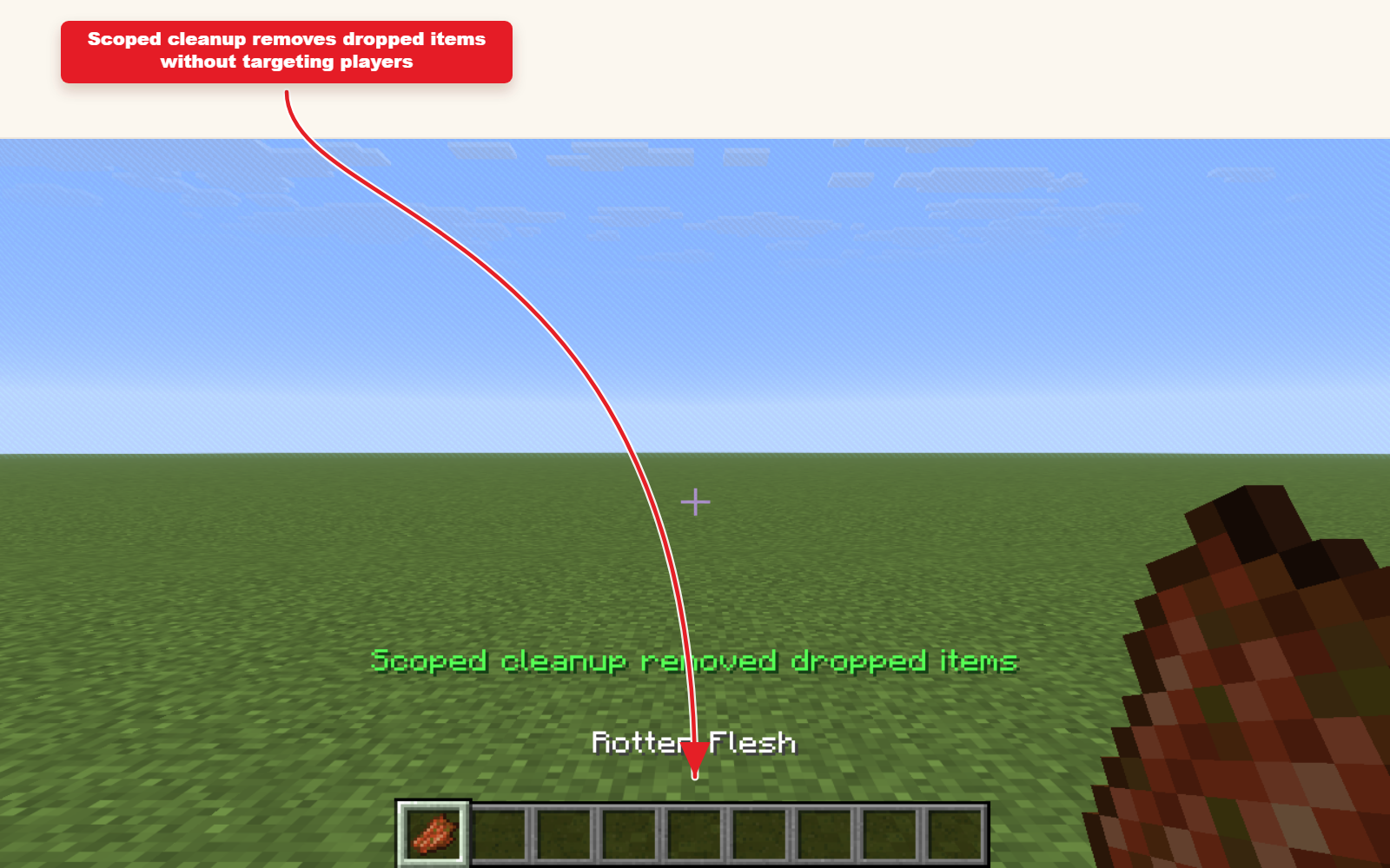 Capture d'écran Minecraft en jeu montrant le résultat du preset de la commande Kill pour le nettoyage.