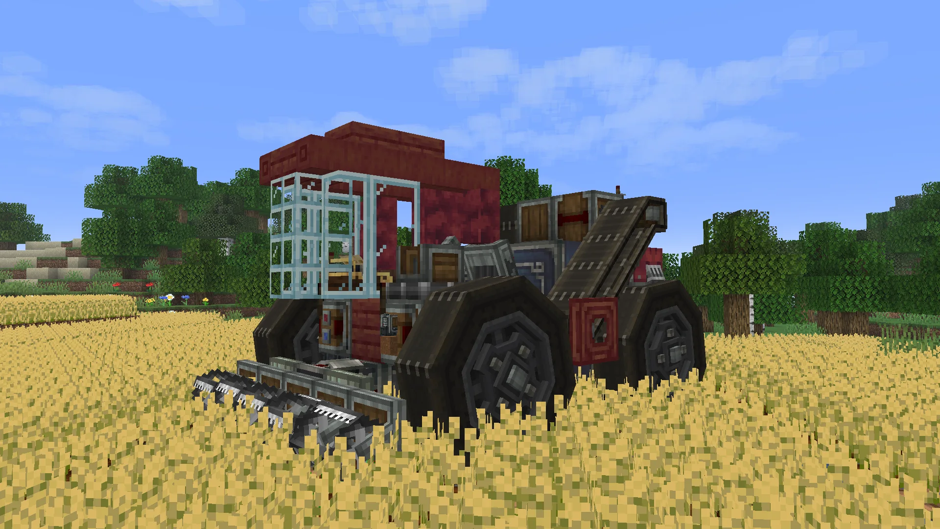 Mangrove Harvester after Create Aeronautics Release Trailer with Item Vault, Vertical Framed Glass Pane, Copycat Step, Mangrove Planks, Redstone Link, Mechanical Harvester, Cut Crimsite Wall, and Belt, visible proportions, and a 6 x 5 x 8 schematic footprint.