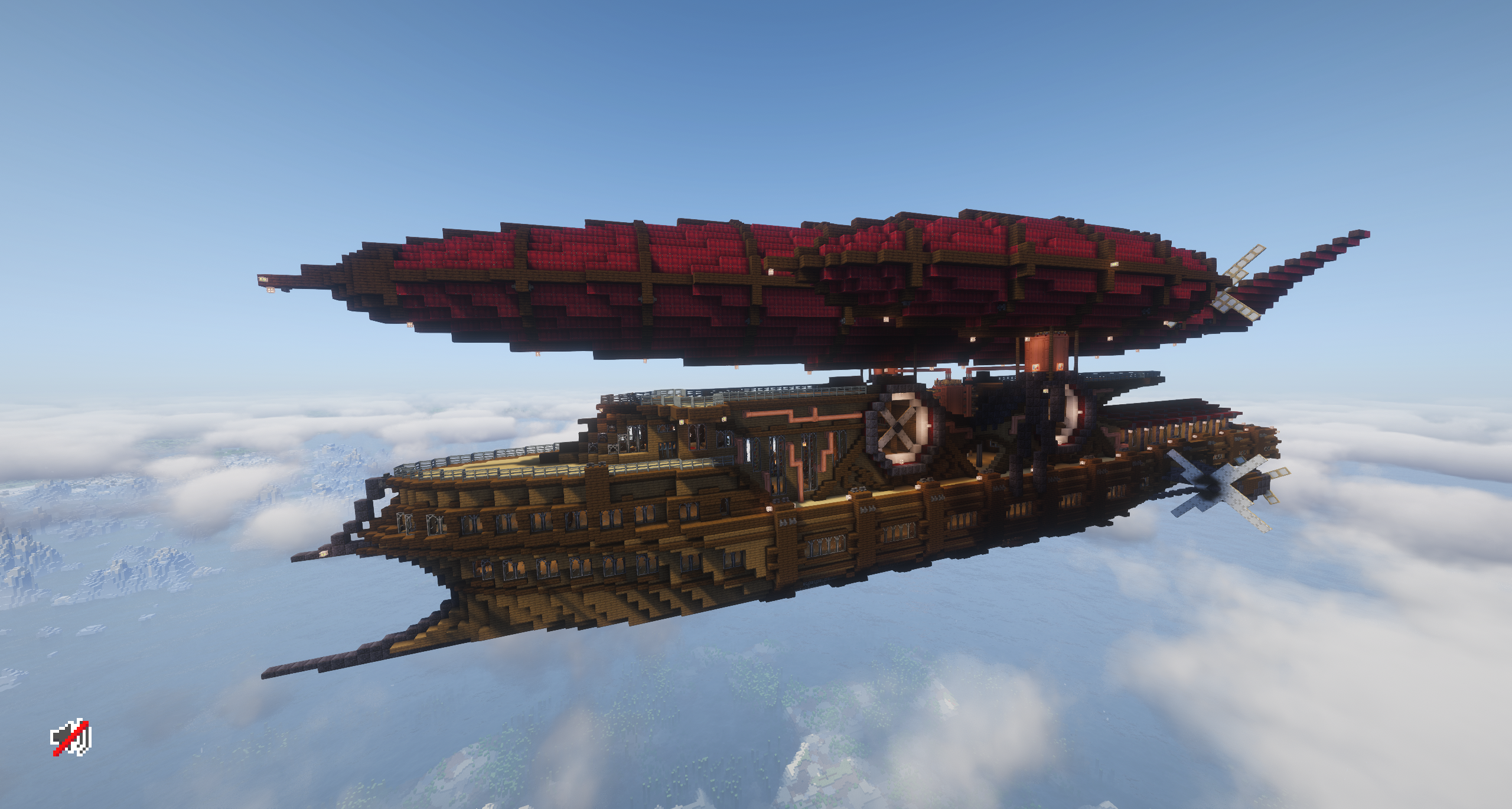 Massive Air Ship V1 with a very long hull, raised superstructure, broad envelope profile, deck machinery, and Create Aeronautics components.