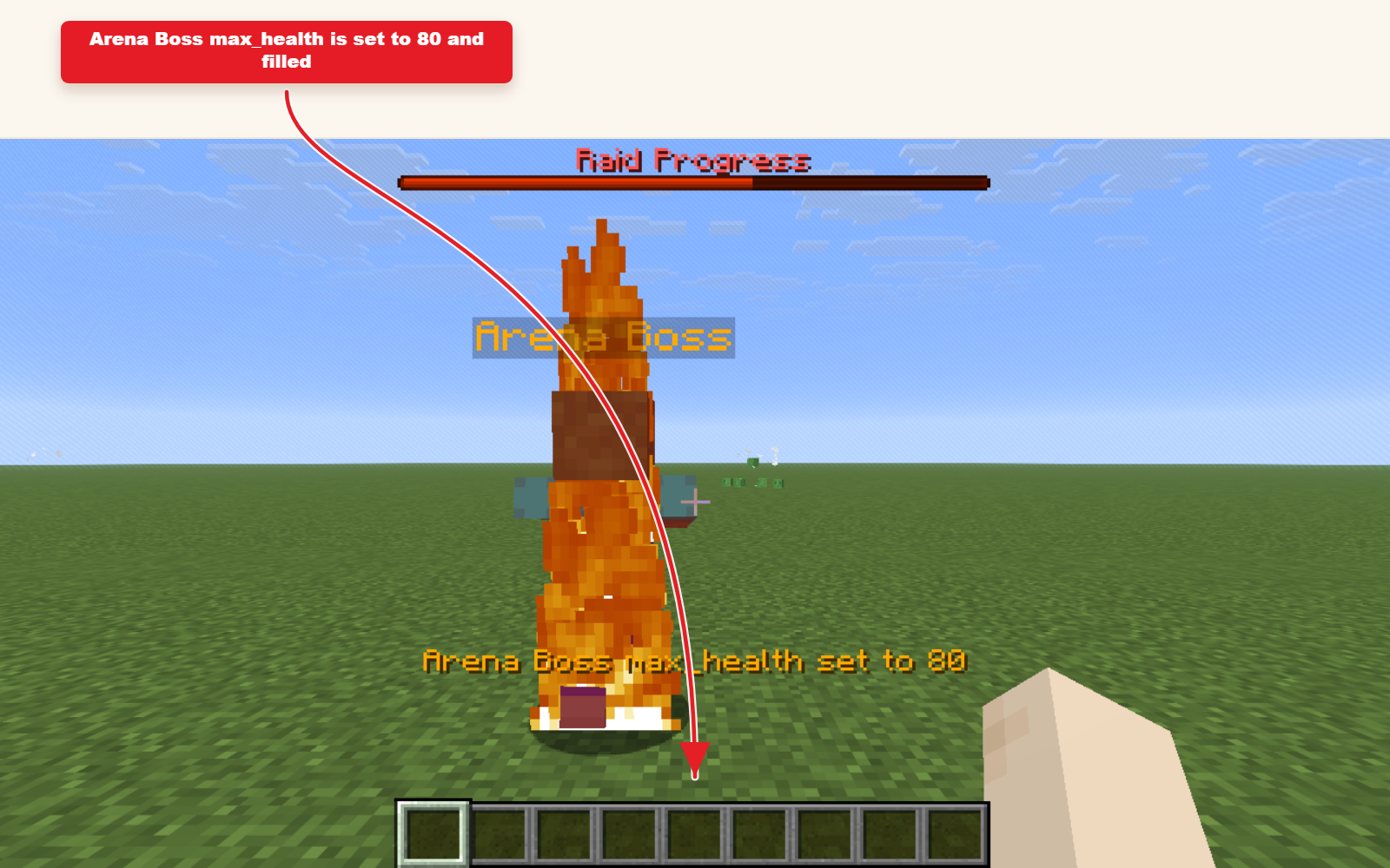 Maksimum sağlık için Özellik ön ayarının sonucunu gösteren oyun içi Minecraft ekran görüntüsü.
