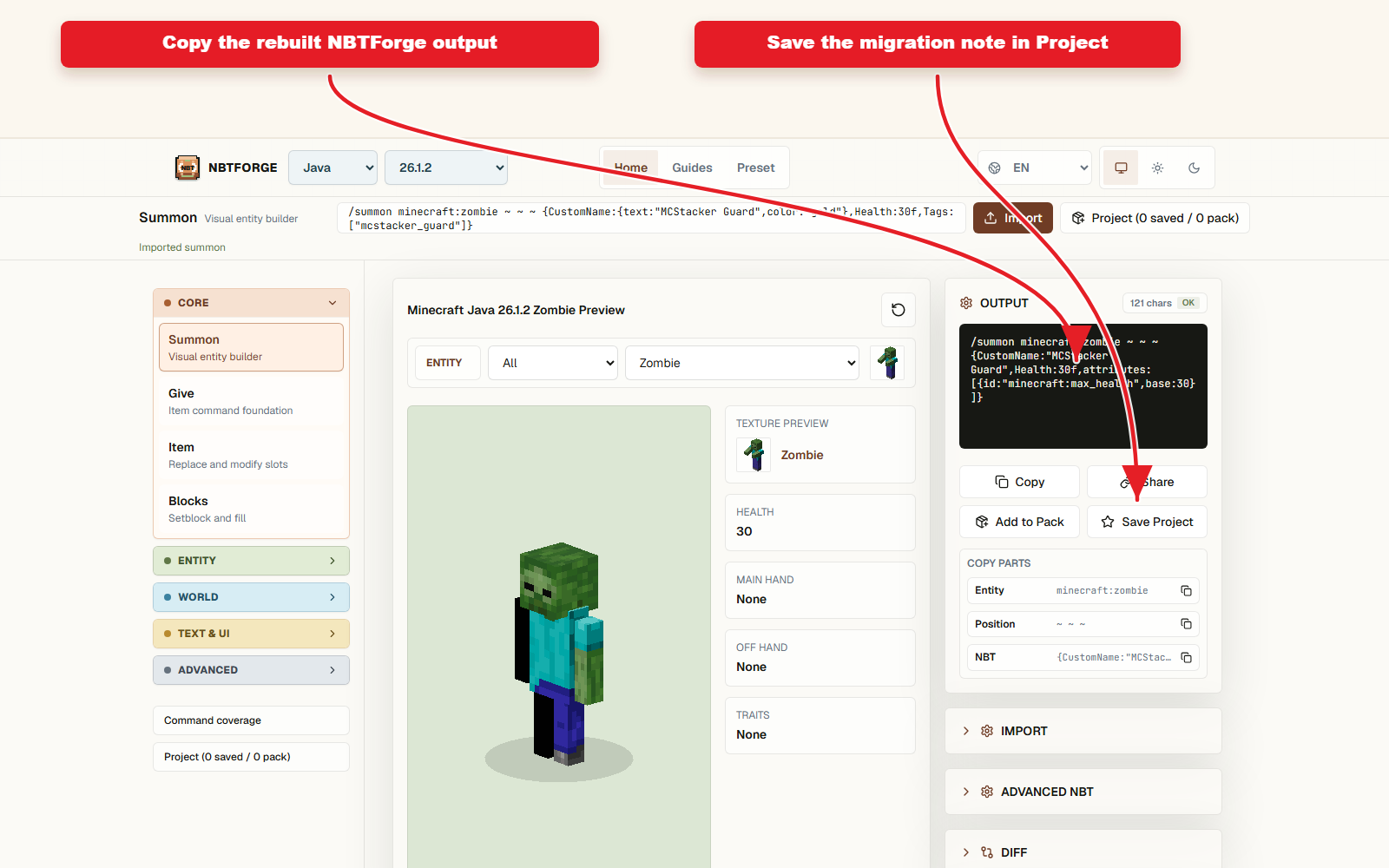 Output compatible Copy pour la migration prédéfinie de MCStacker vers NBTForge.