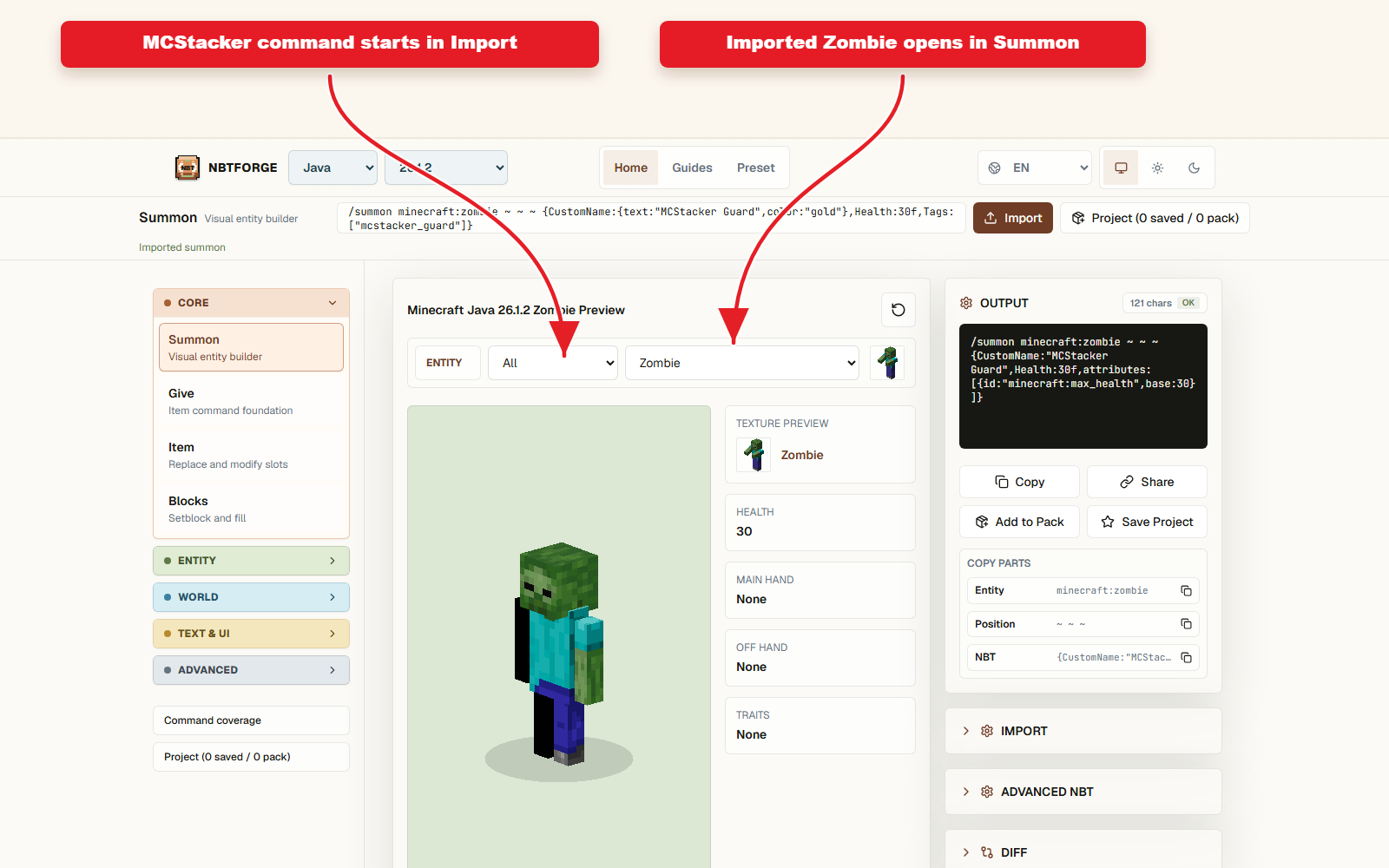 workbench NBTForge Project configuré pour la migration prédéfinie de MCStacker vers NBTForge.