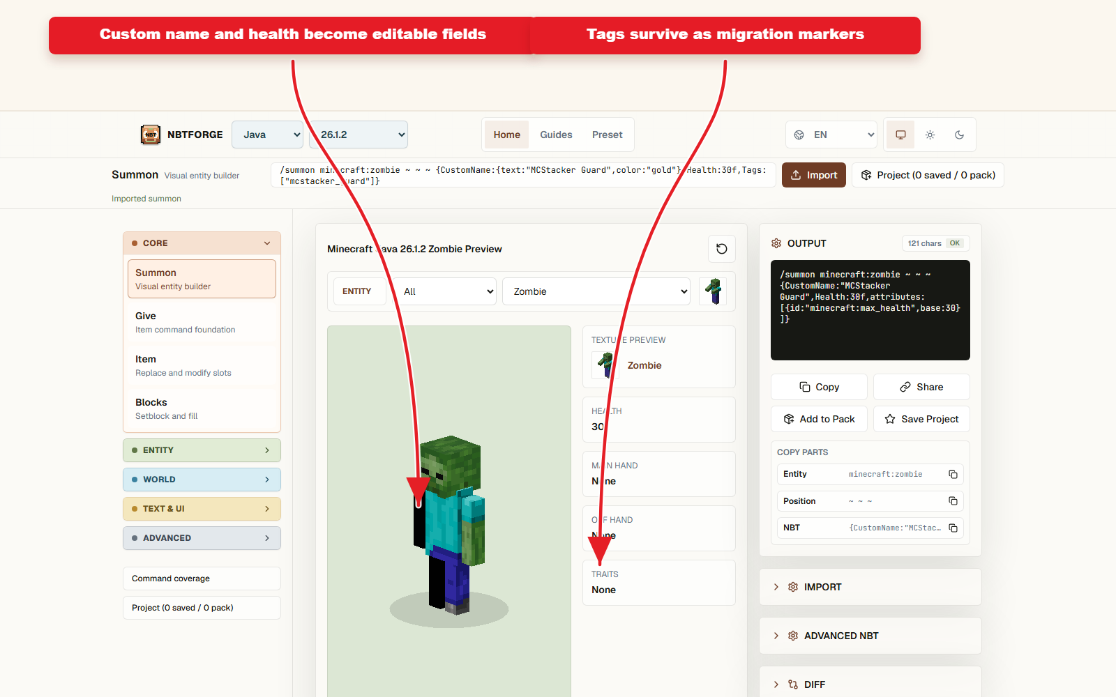 Contrôles Project détaillés pour la migration des presets MCStacker vers NBTForge.