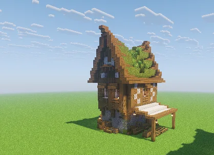 Medieval House Version 1 with Stripped Spruce Log, Diorite, Moss Block, Spruce Stairs, Cobblestone, Stone, Spruce Slab, and Spruce Planks, visible proportions, and a 19 x 20 x 16 schematic footprint.