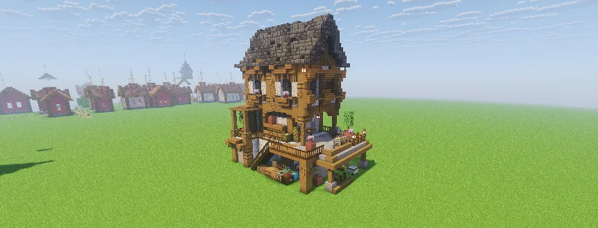Medieval House Version 2 with Diorite, Stripped Spruce Log, Polished Diorite, Spruce Stairs, Polished Deepslate, Black Framed Glass Pane, Deepslate Brick Stairs, and Stone Slab, visible proportions, and a 14 x 20 x 21 schematic footprint.