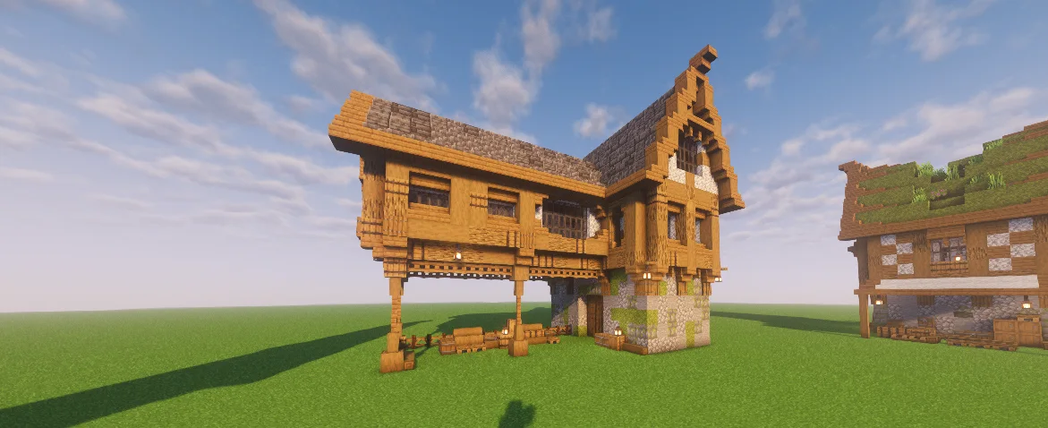 Medieval House Version 3 with Diorite, Stripped Spruce Log, Spruce Stairs, Polished Deepslate Slab, Deepslate Tile Slab, Oak Log, Vertical Stiped Black Stained Glass Pane, and Spruce Fence Gate, visible proportions, and a 21 x 22 x 27 schematic footprint.