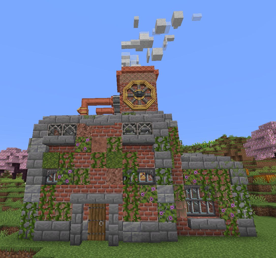 Mini Blaze Cake Factory building with brick walls, stone trim, copper machinery, vines, windows, and Create parts visible on the front.