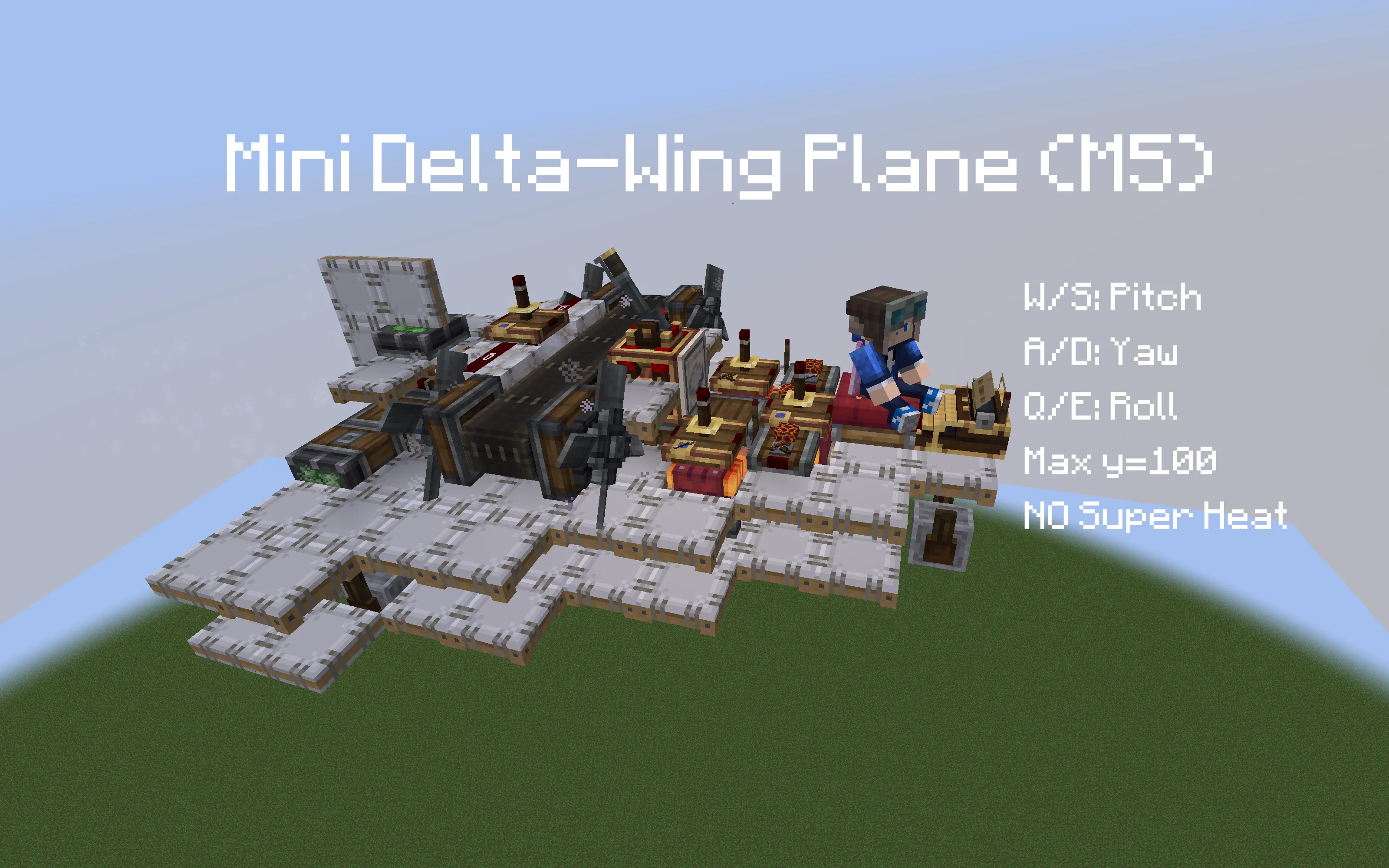 Mini Delta-Wing Plane (M5) with White Sail, White Symmetric Sail, Modulating Linked Receiver, Belt, Gearbox, White Envelope, Andesite Propeller, and Red Portable Engine, visible proportions, and a 10 x 4 x 9 schematic footprint.