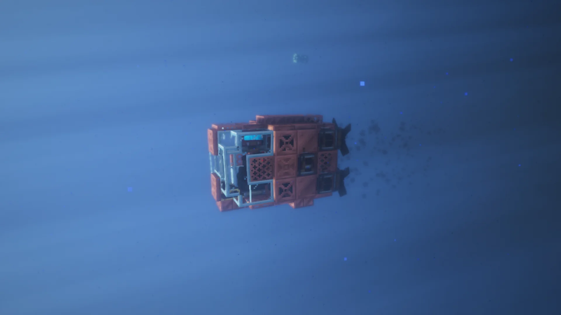 Mini Submarine with Copycat Panel, Redstone Link, Cogwheel, Cut Copper Slab, Copper Gearshift, Copper Encased Shaft, Framed Glass, and Copycat Slab, visible proportions, and a 5 x 5 x 7 schematic footprint.