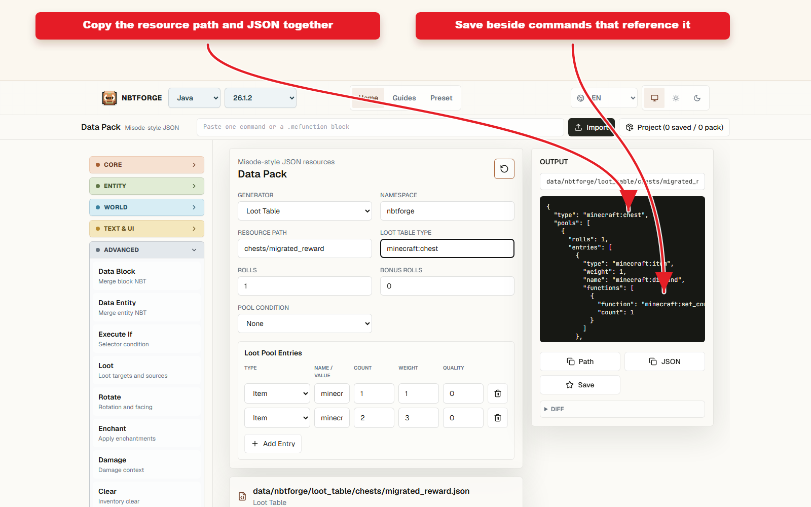 Misode'dan NBTForge datapack ön ayarlı iş akışına yönelik Copy'ya hazır Output.