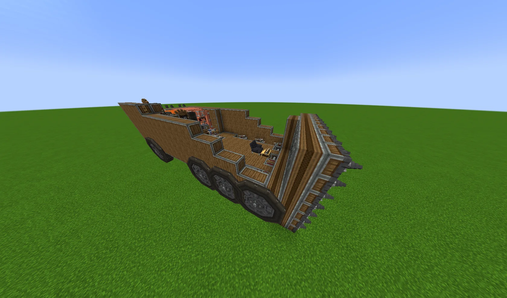 Moving Base with Andesite Casing, Encased Chain Drive, Mechanical Drill, Fluid Tank, Andesite Propeller, Redstone Link, Andesite Encased Shaft, and Gearbox, visible proportions, and a 23 x 8 x 9 schematic footprint.