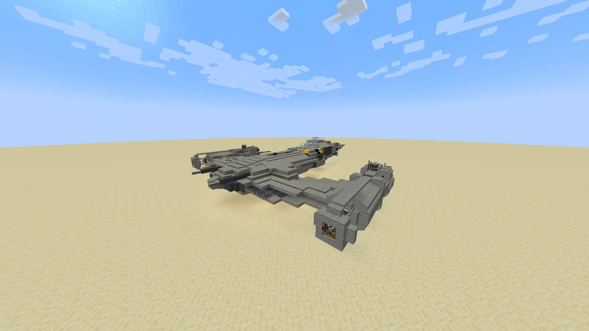 N-1 starfighter mando with Copycat Layer, Light Gray Wool, Copycat Stairs, Levitite, Copycat Trapdoor, Modular Accumulator, Copycat Slope Layer, and Copycat Slice, visible proportions, and a 42 x 8 x 35 schematic footprint.