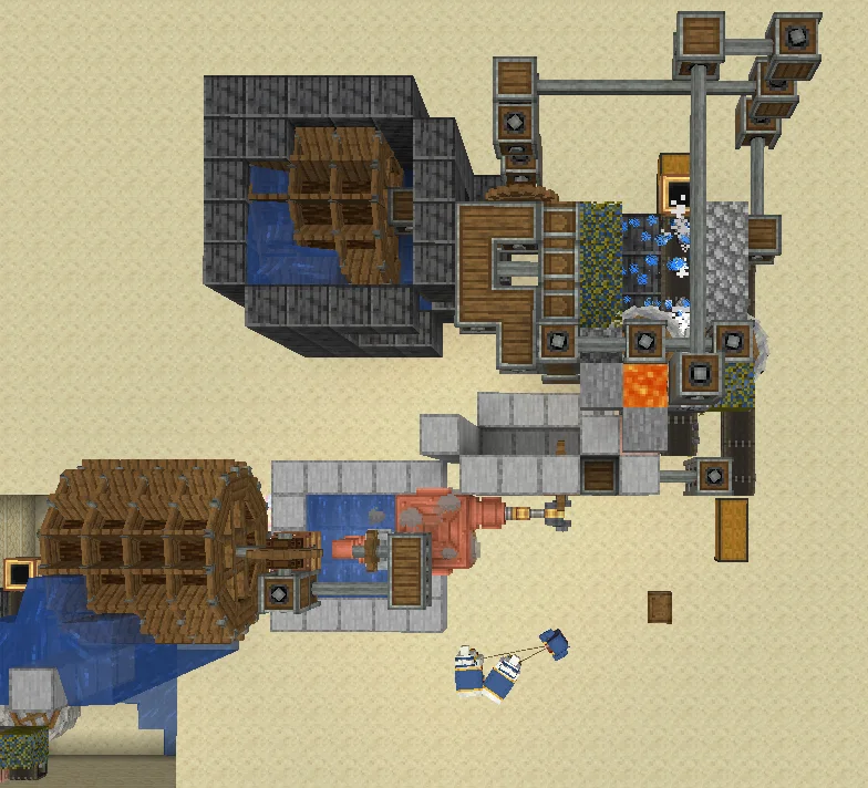 Nocompat Ironfarm with Polished Deepslate, Smooth Stone, Water, Water Wheel Structure, Gearbox, Shaft, Belt, and Large Water Wheel, visible proportions, and a 16 x 11 x 18 schematic footprint.