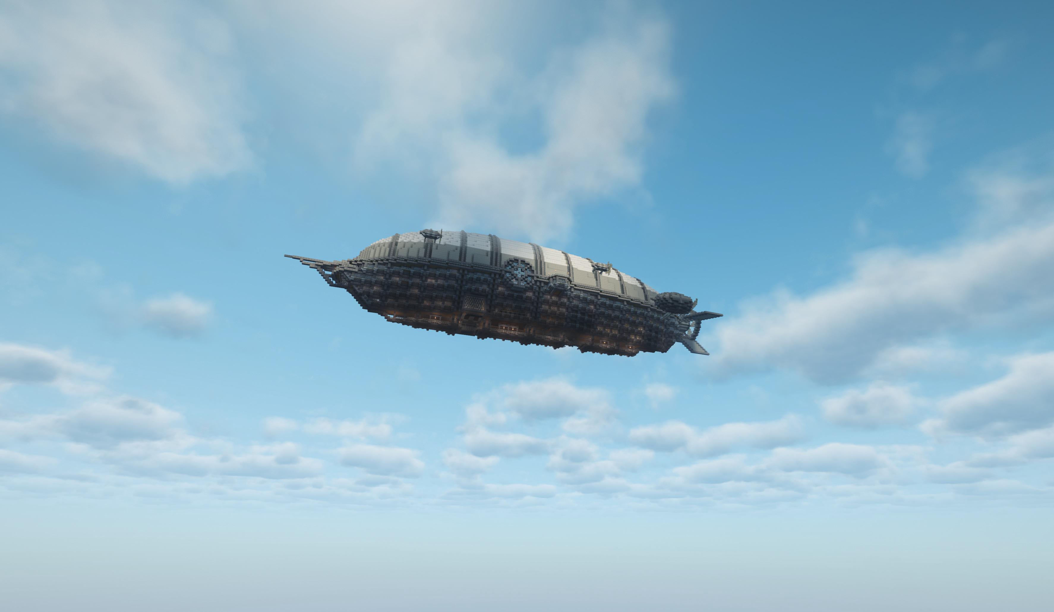 NSV Skyliner flying high above clouds with the full airship silhouette visible from below.
