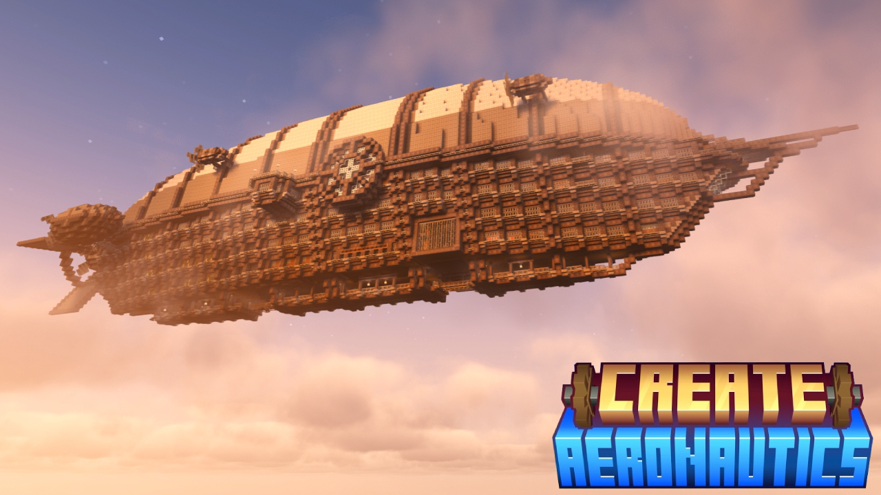 NSV Skyliner airship side view with a large white balloon, steampunk hull, rear propeller assembly, and Create Aeronautics logo.