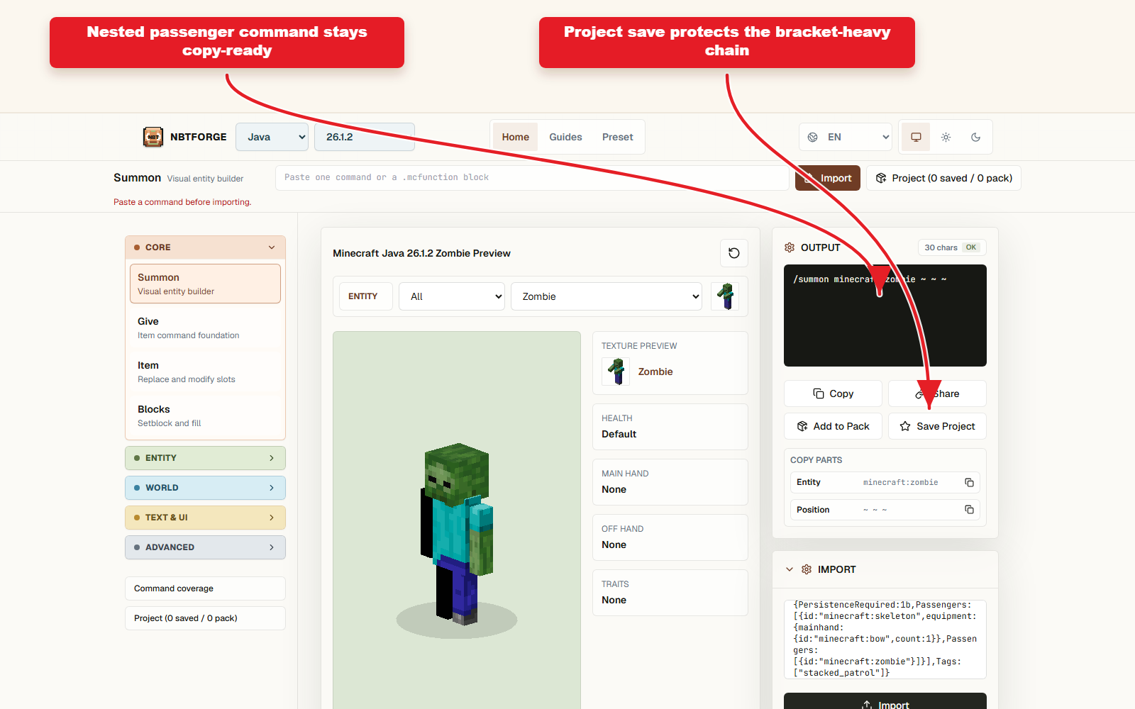 Output Copy gotowe do obsługi Summon dla skumulowanego łańcucha pasażerskiego Spider, Skeleton i Zombie.