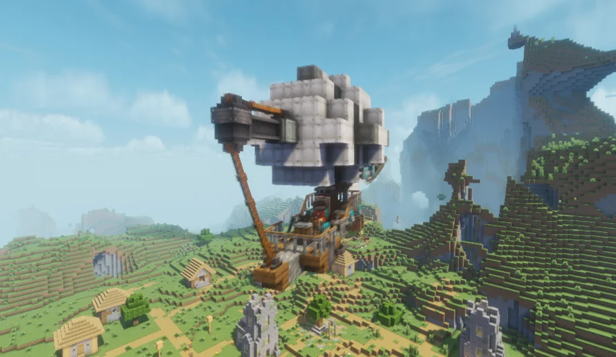Peregrino Sky Explorer airship with white envelope lift, gray sails, compact catwalk details, and a small exploration deck.